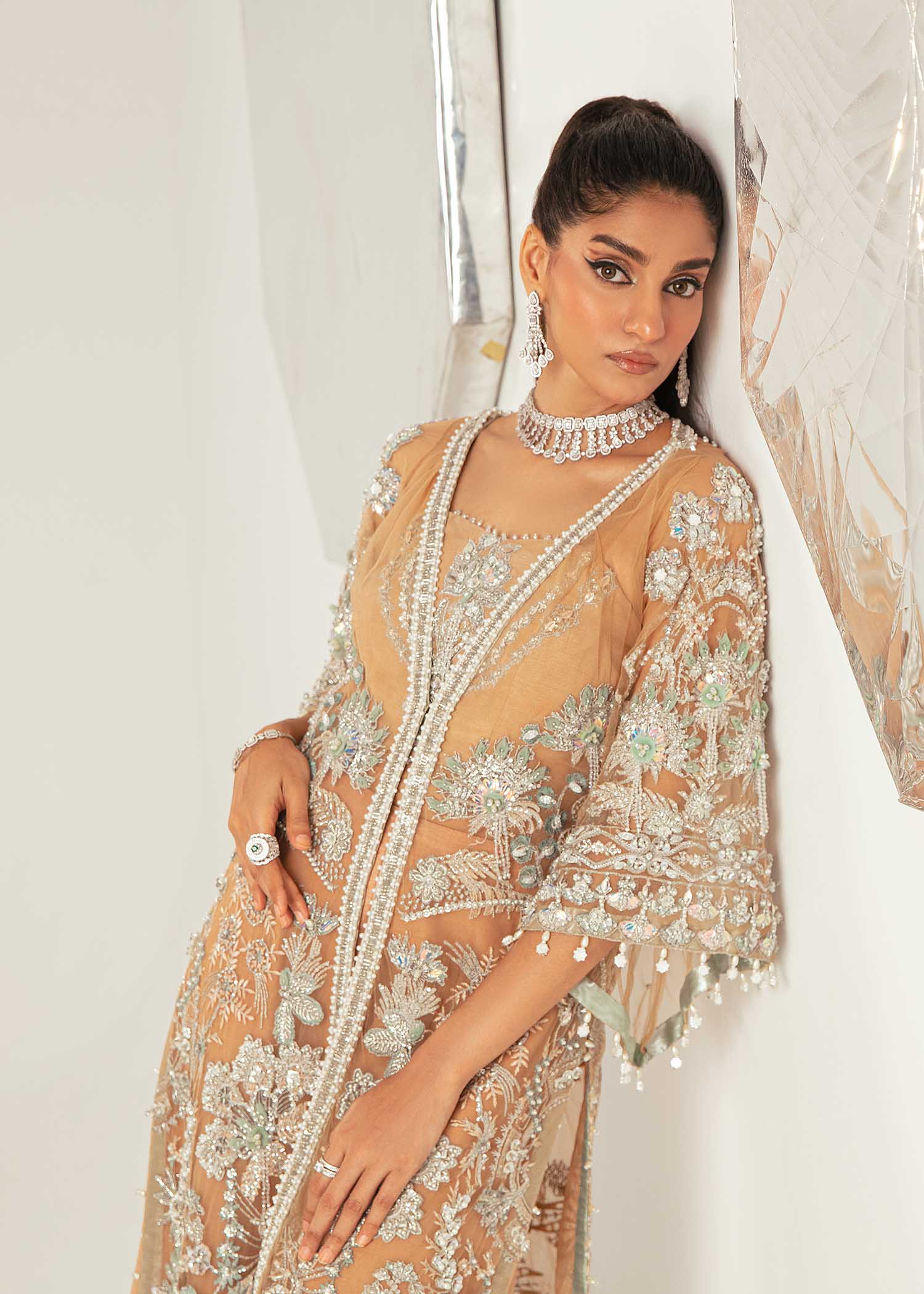Nude Aqua Embroidered Net Long Shirt & Rawsilk Pants (2-Piece) - Image 4