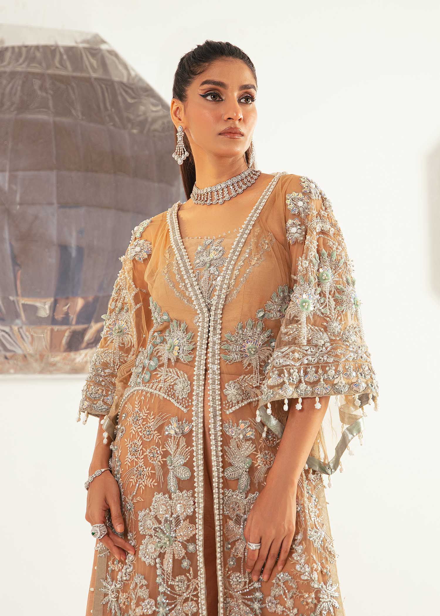 Nude Aqua Embroidered Net Long Shirt & Rawsilk Pants (2-Piece) - Image 5