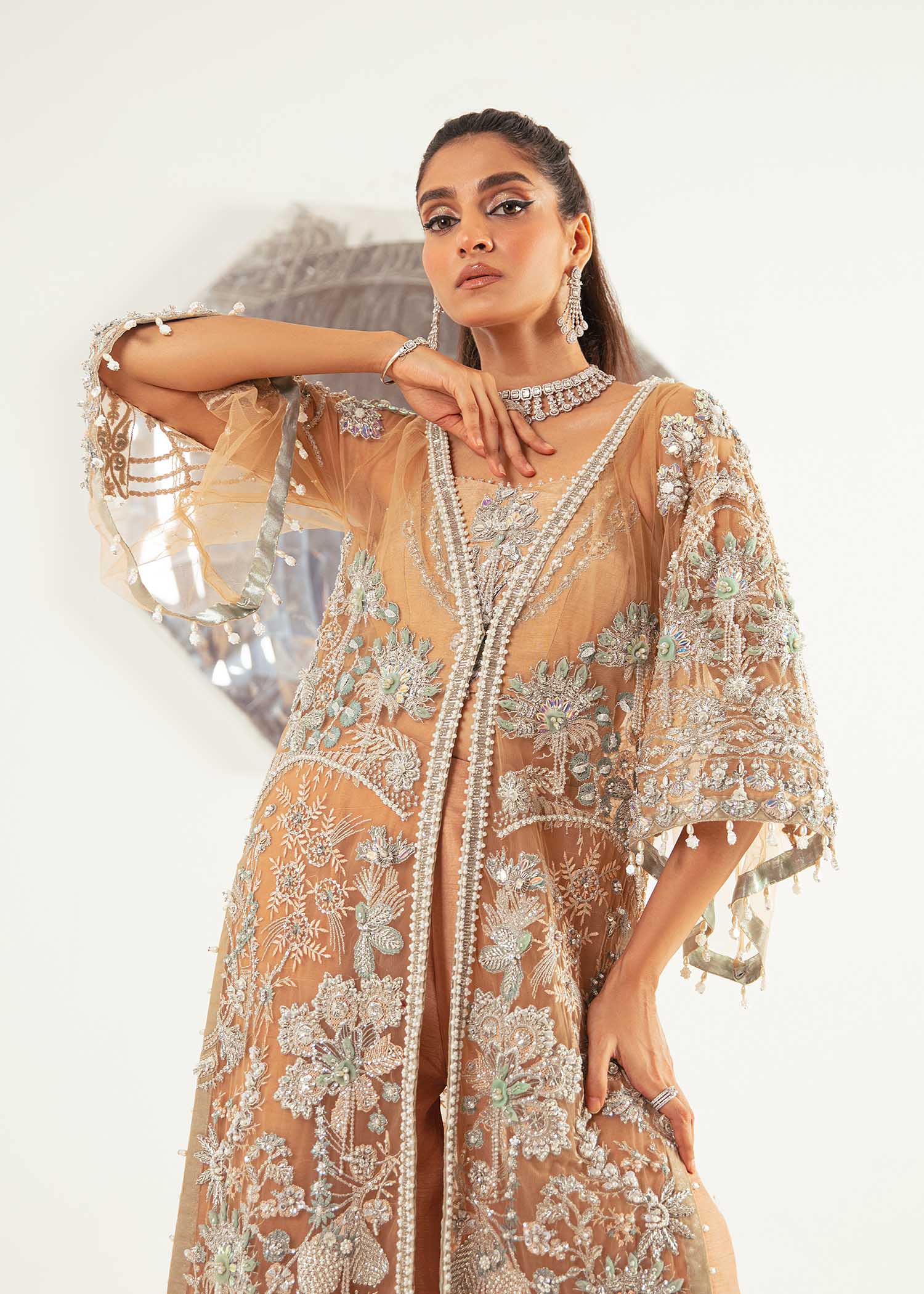 Nude Aqua Embroidered Net Long Shirt & Rawsilk Pants (2-Piece) - Image 7