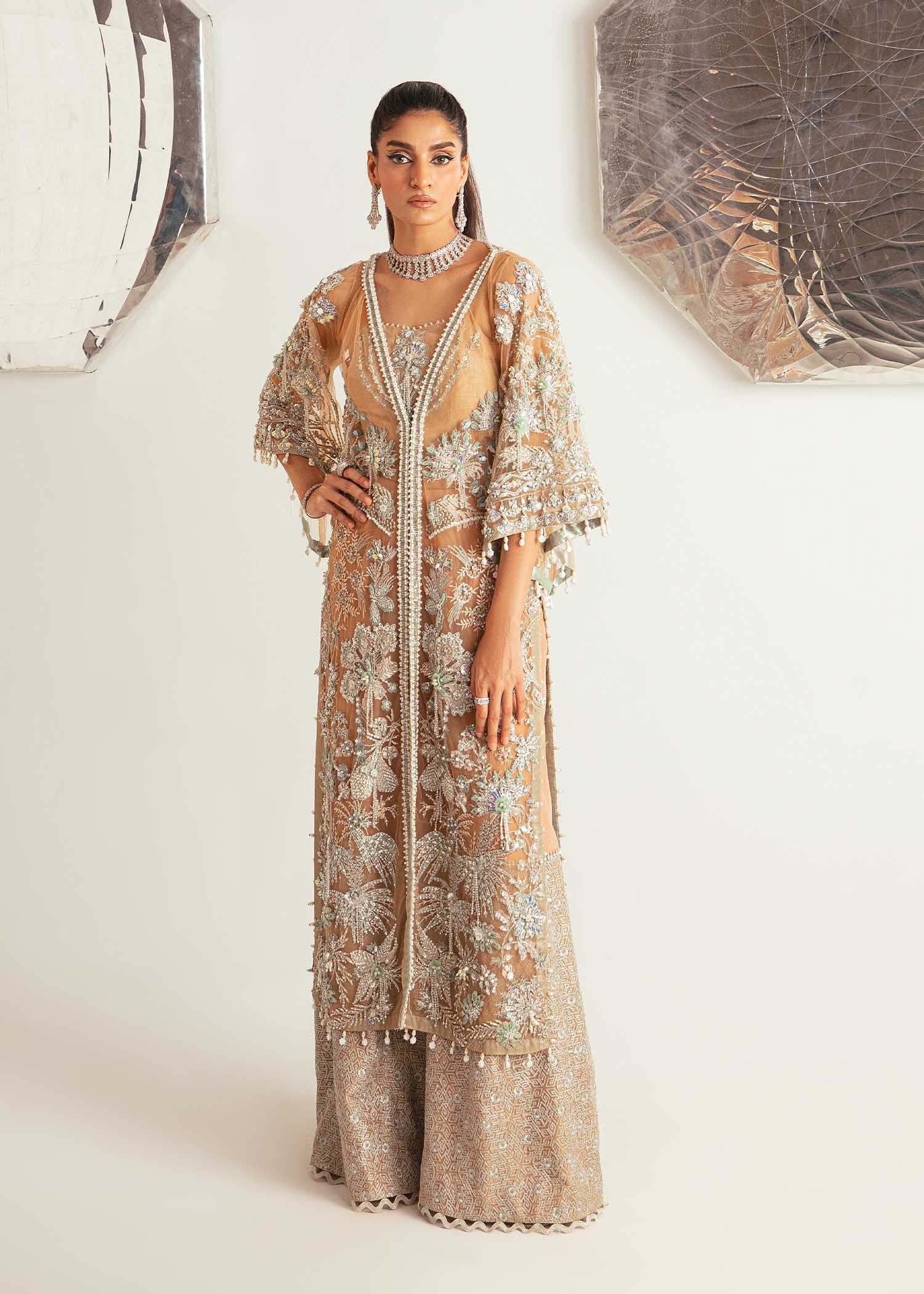 Nude Aqua Embroidered Net Long Shirt & Rawsilk Pants (2-Piece) - Image 9