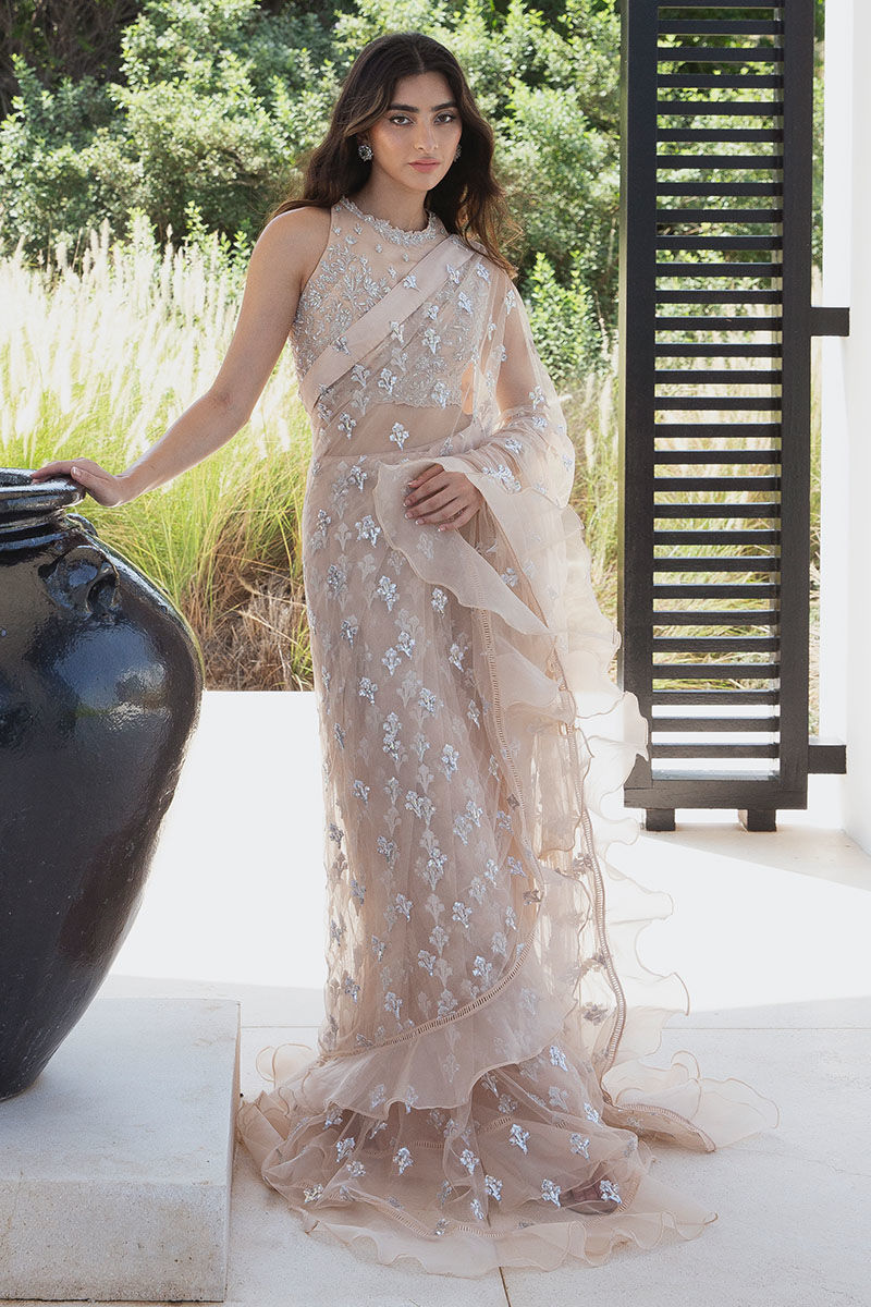 Pakistani Nude Embellished Net Saree with Organza Frill (2-Piece) - Image 1