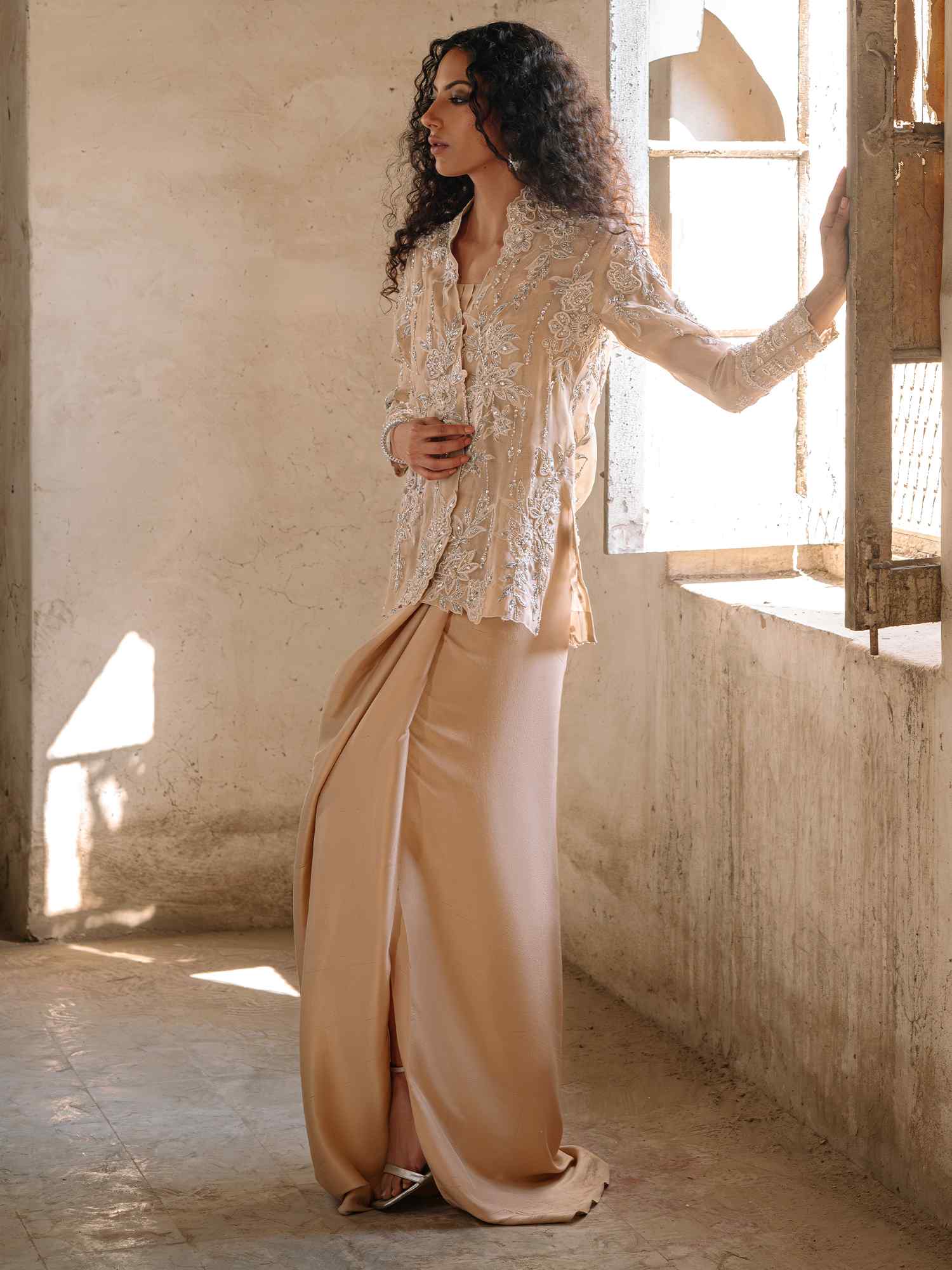 Nude Embroidered Organza & Raw Silk Saree (3-Piece) - Image 3