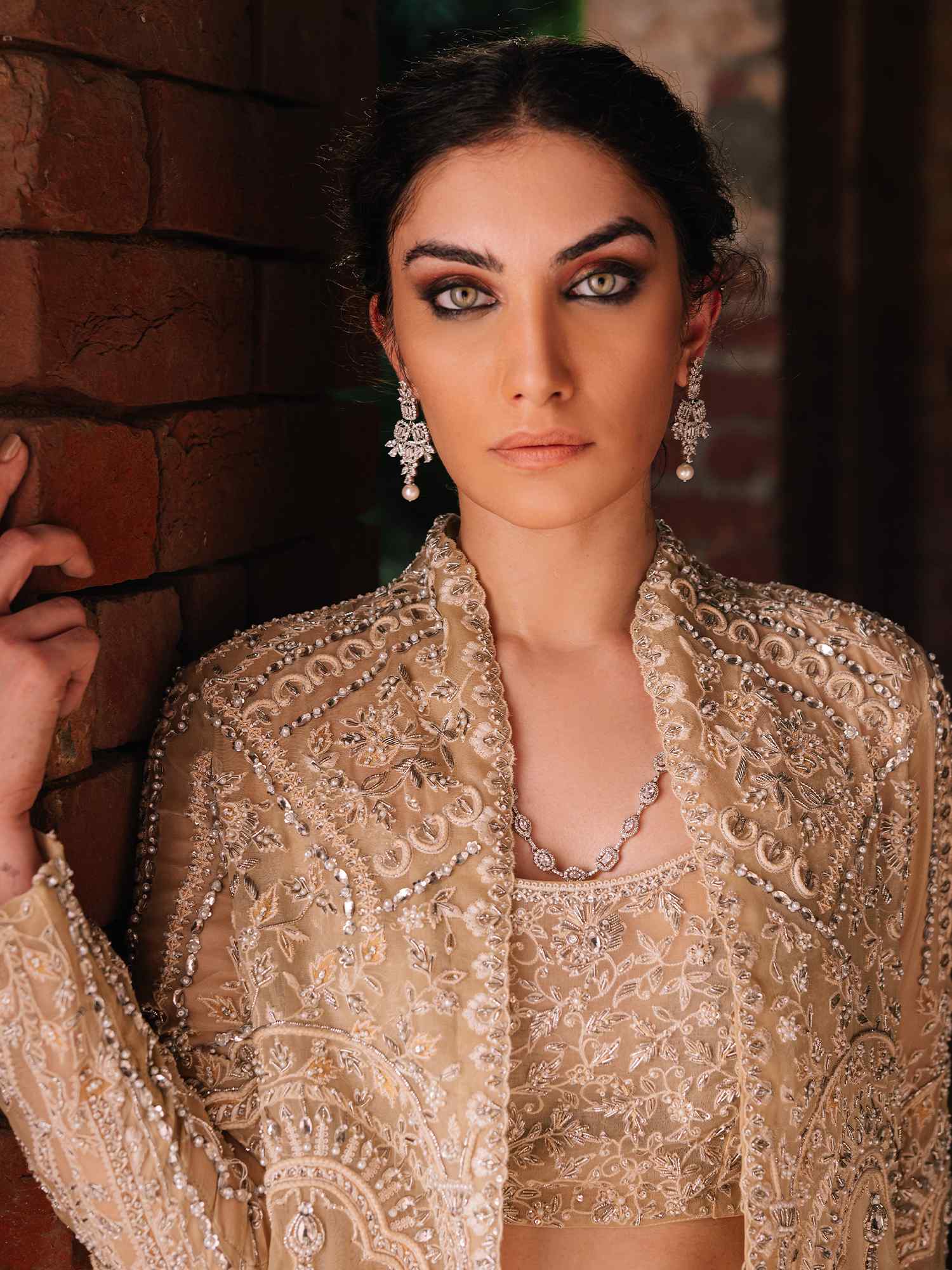 Nude Embellished Organza & Silk Saree Set (3-Piece) - Image 2