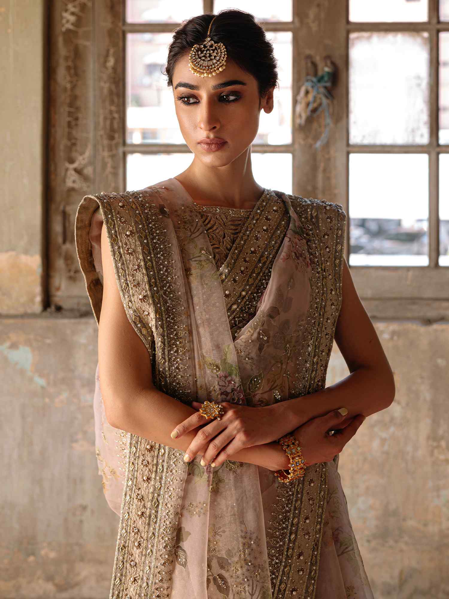 Nude Zardozi Organza Sari with Cross-Back Blouse (2-Piece) - Image 2