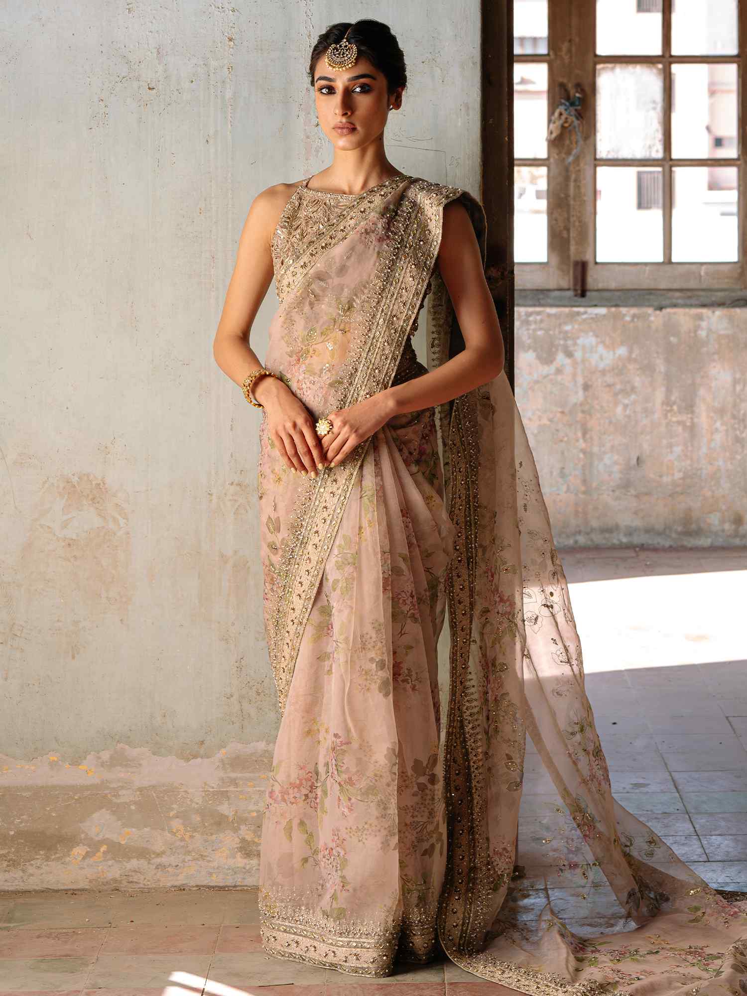 Nude Zardozi Organza Sari with Cross-Back Blouse (2-Piece) - Image 3