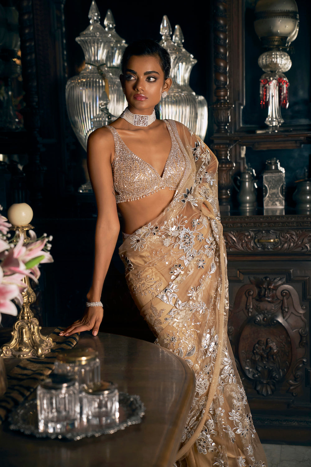 Nude Metallic Appliqué Tulle Saree (2-Piece) - Image 1