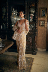 Nude Metallic Appliqué Tulle Saree (2-Piece) - Image 3