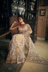 Nude Metallic Appliqué Tulle Saree (2-Piece) - Image 4