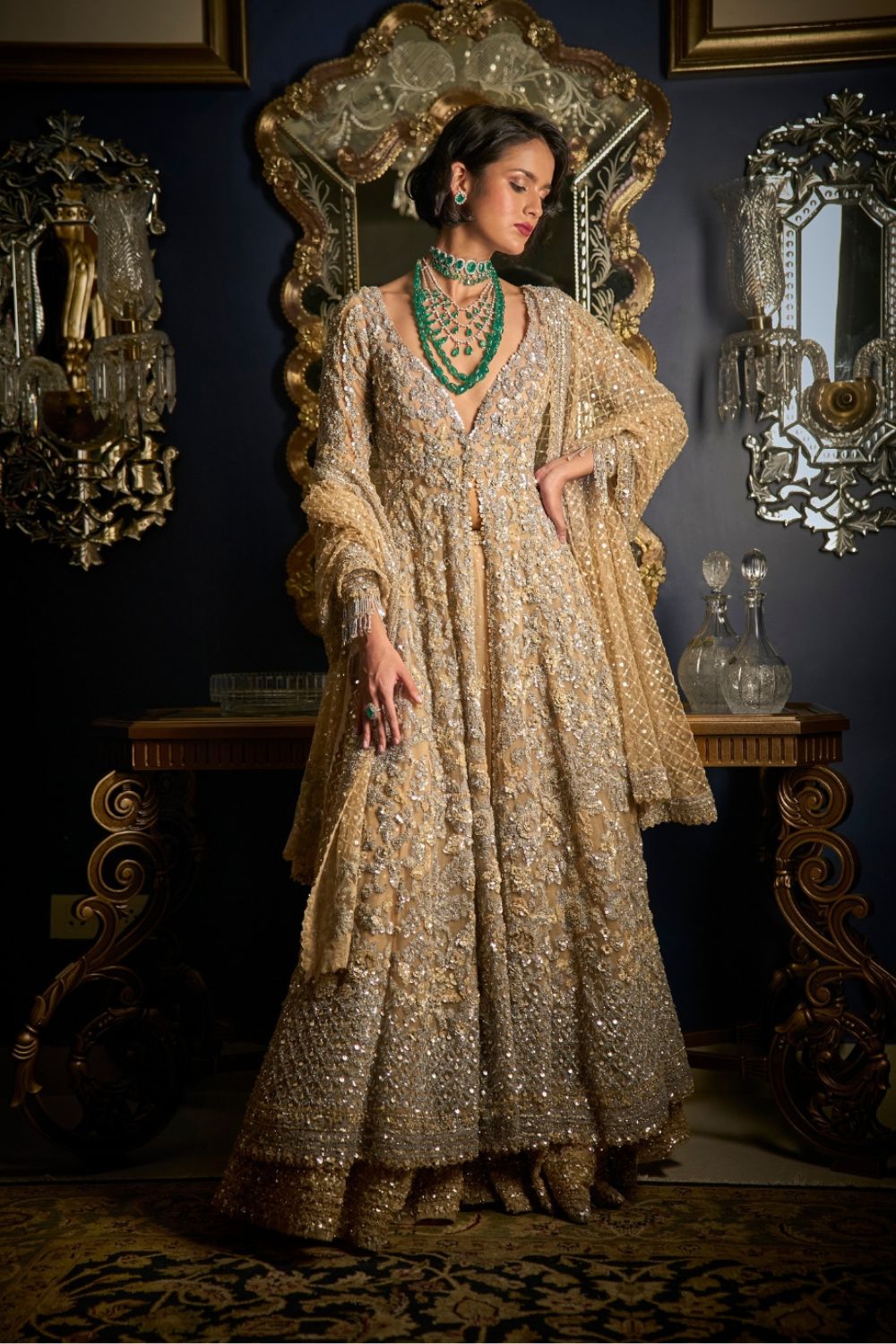 Nude Silver Embroidered Net High-Low Sharara (3-Piece) - Image 3