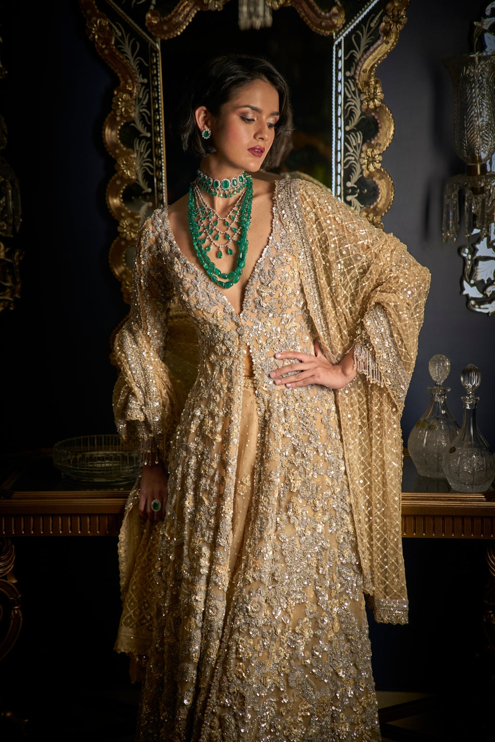 Nude Silver Embroidered Net High-Low Sharara (3-Piece) - Image 4