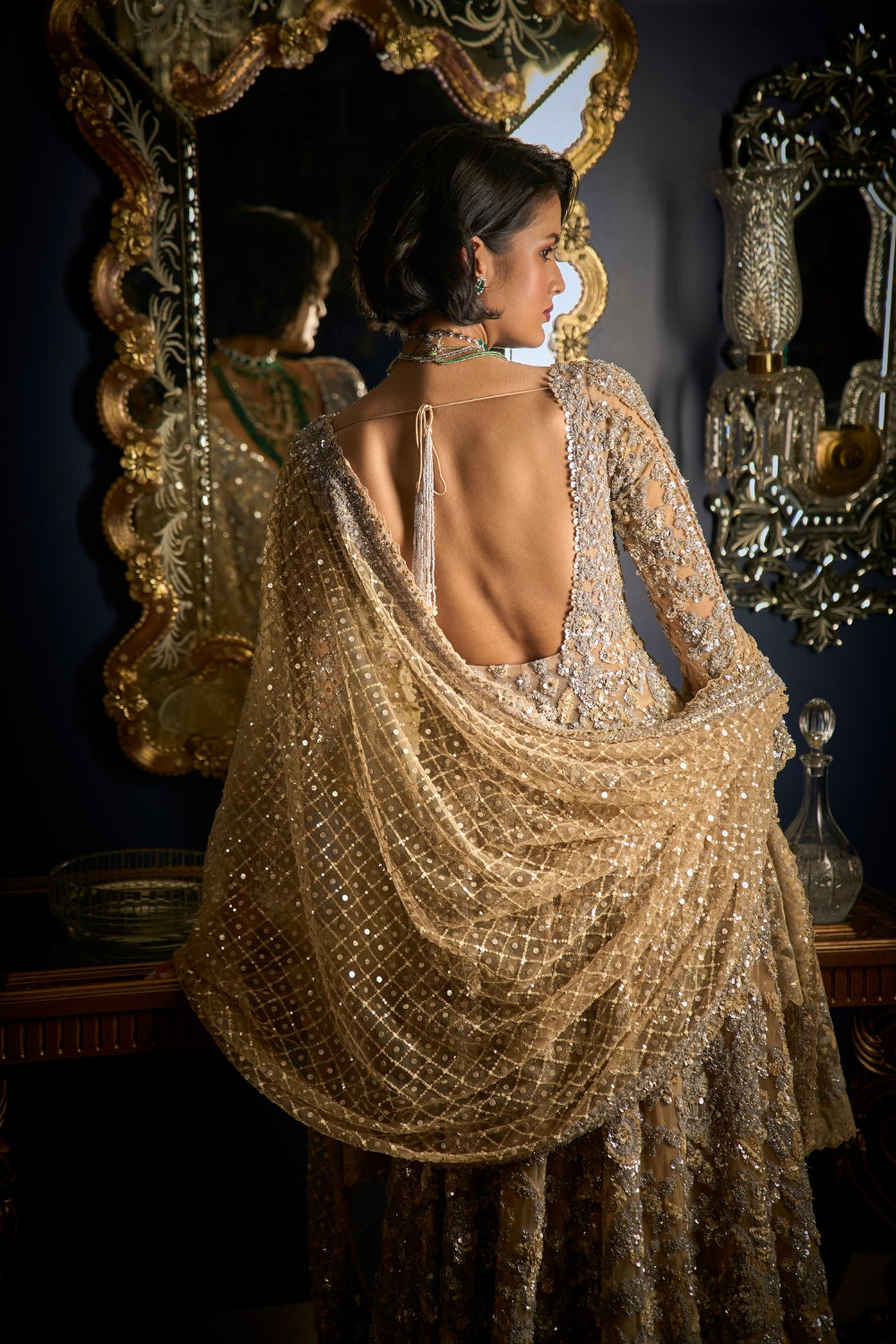 Nude Silver Embroidered Net High-Low Sharara (3-Piece) - Image 5