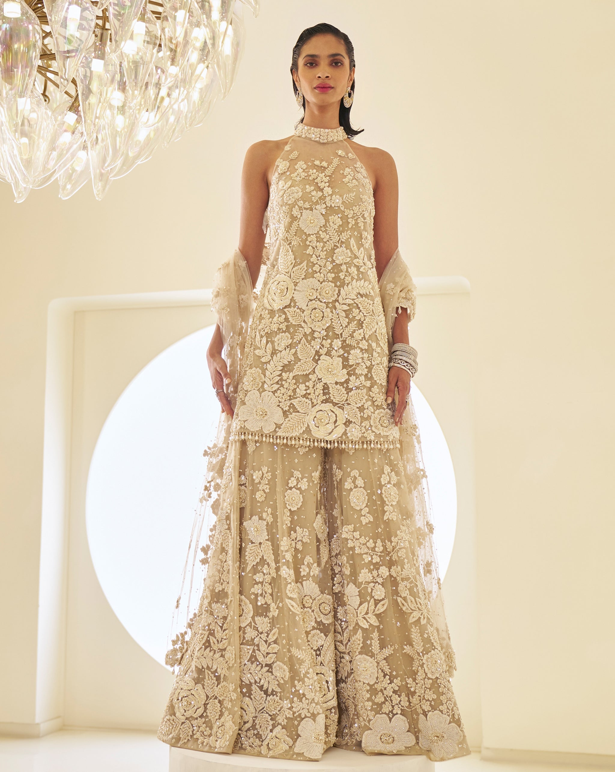 Indian Nude Three-Dimensional Embroidered Net Sharara (3-Piece) - Image 2