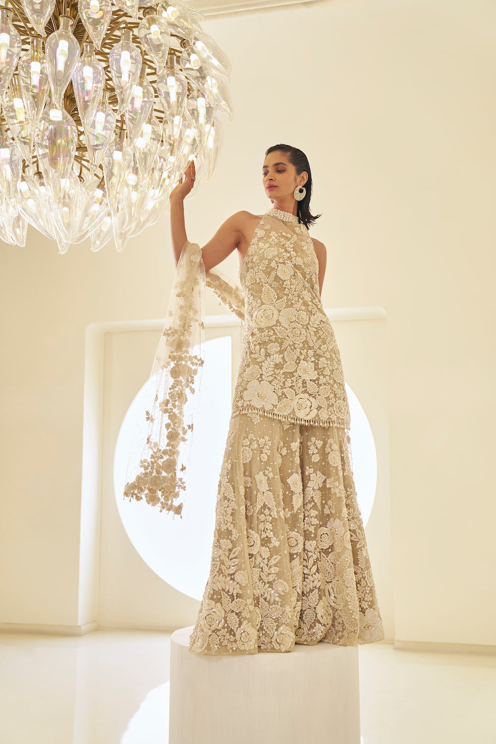 Indian Nude Three-Dimensional Embroidered Net Sharara (3-Piece) - Image 3