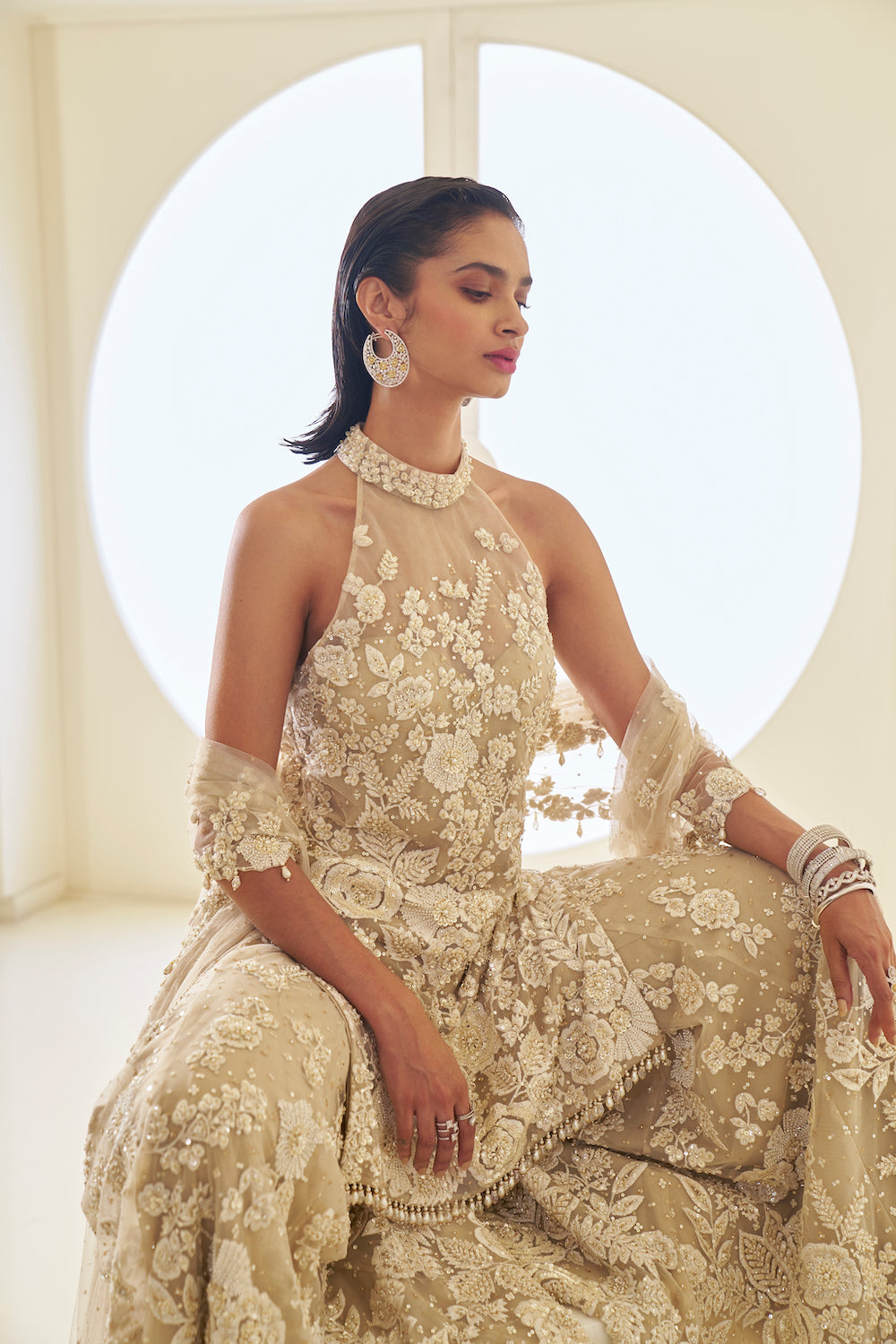 Indian Nude Three-Dimensional Embroidered Net Sharara (3-Piece) - Image 4