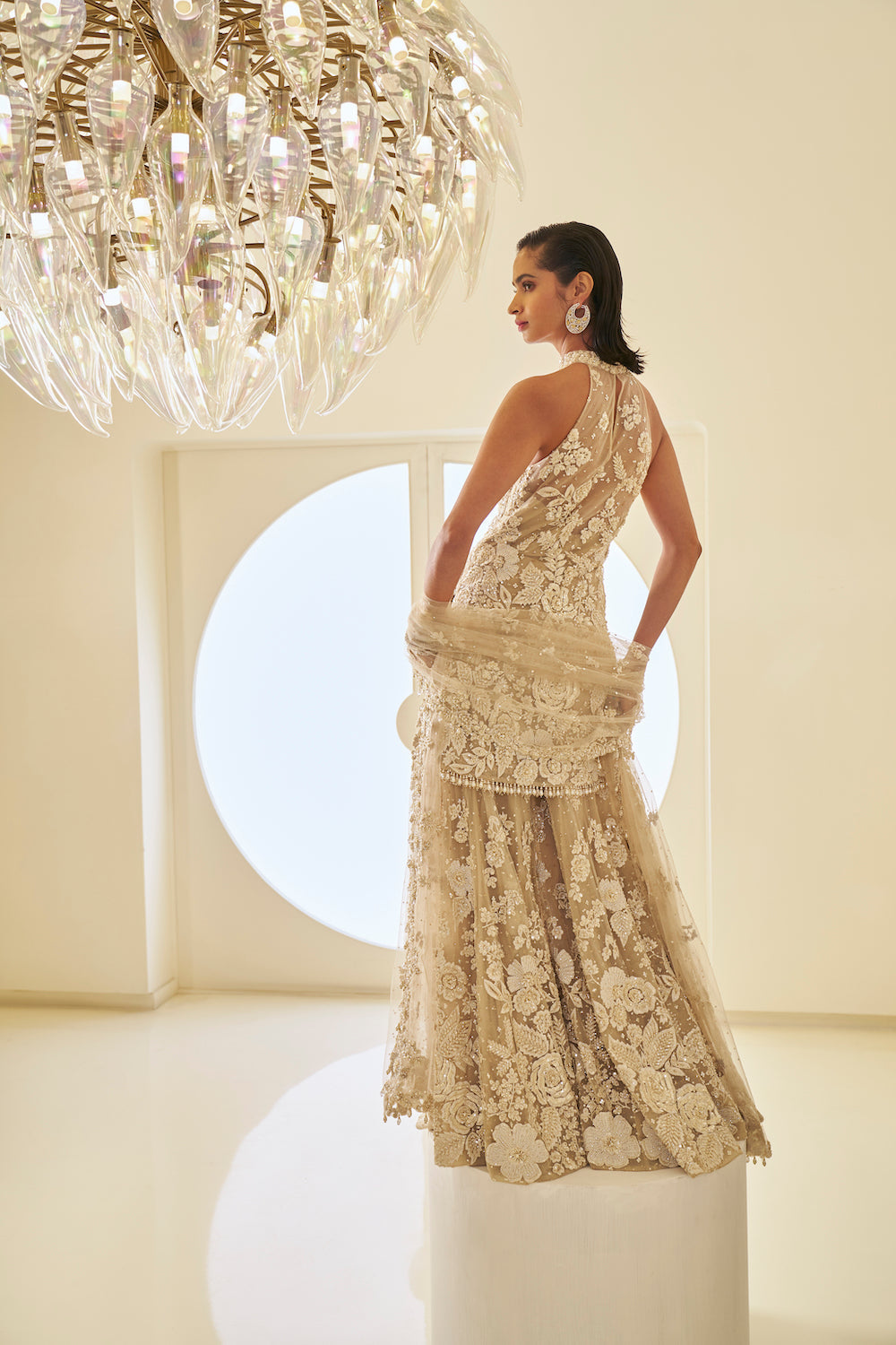 Indian Nude Three-Dimensional Embroidered Net Sharara (3-Piece) - Image 5