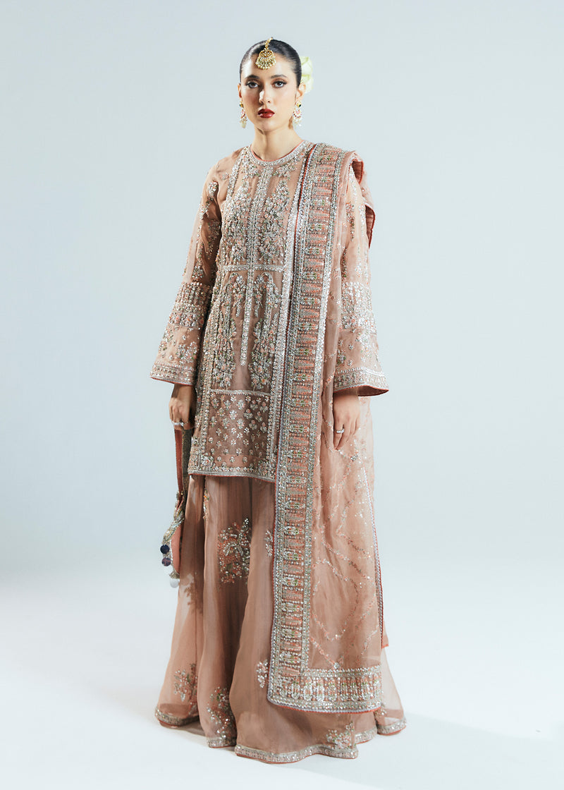 Pakistani Nude Hand-Embellished Organza Sharara (3-Piece) - Image 1