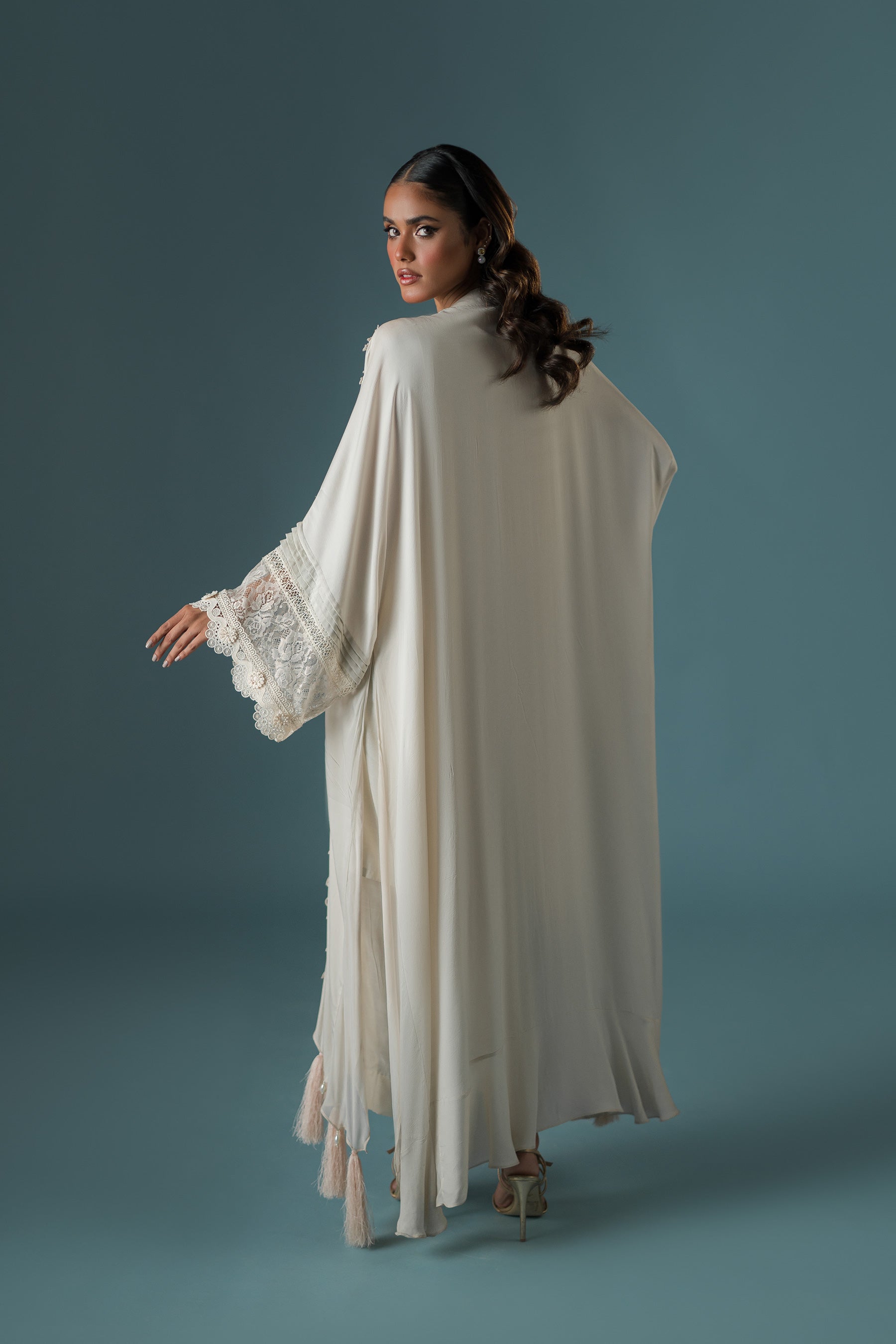 Nude Stone Lace Embellished Kaftan Set (3-Piece) - Image 2