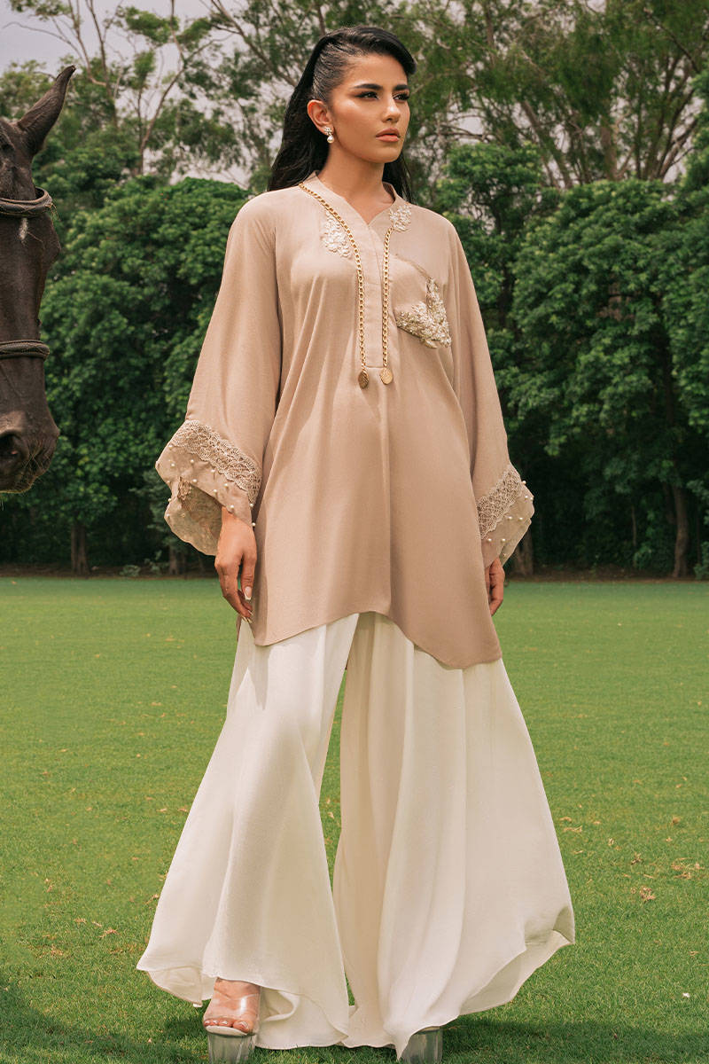 Nude Embellished Crepe Batwing Kurta Set (2-Piece) - Image 1