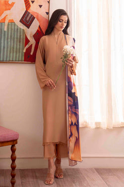 Pakistani Nude Frayed-Edge Georgette Chiffon Co-ord Set (3-Piece) - Image 1