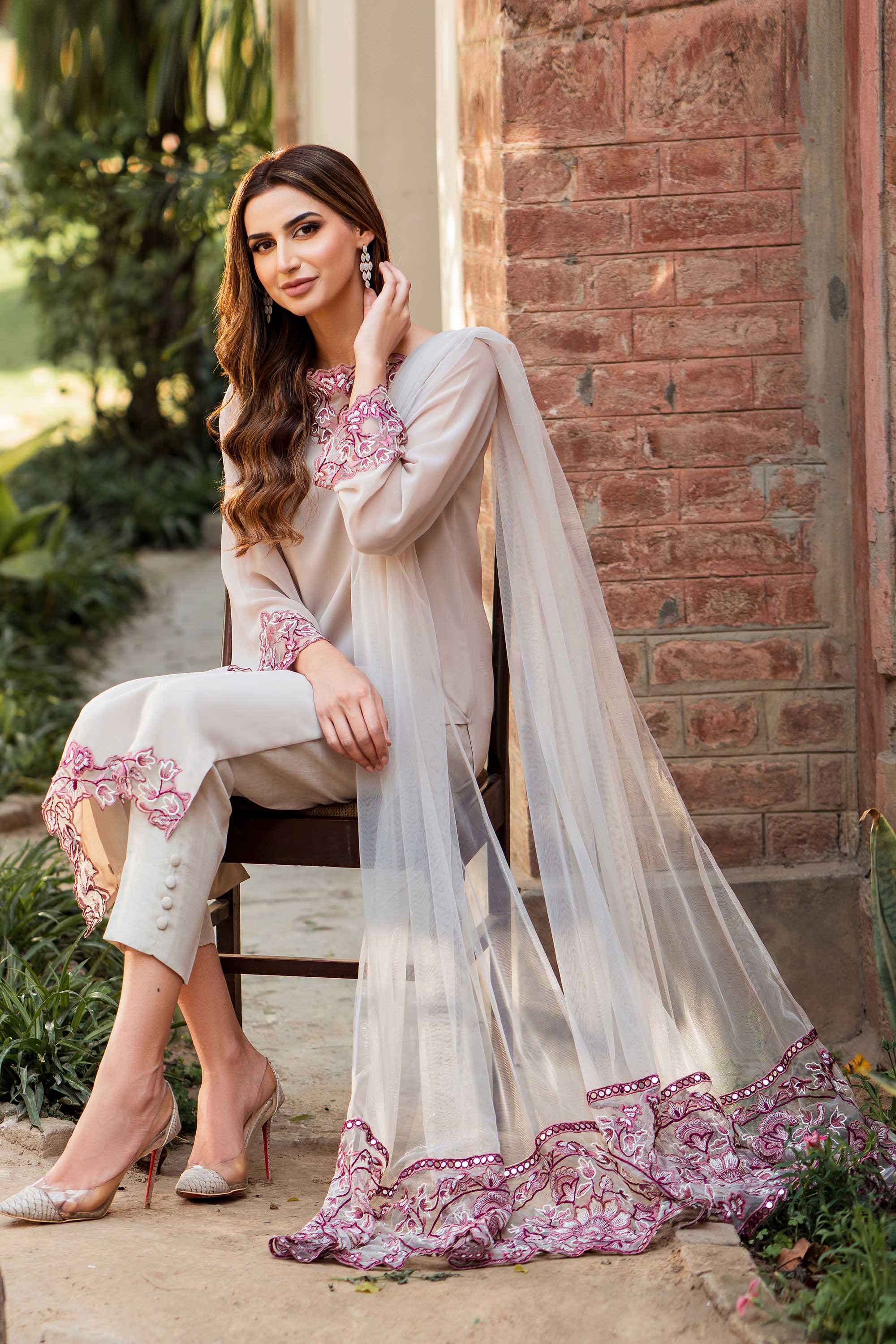 Pakistani Parfait Nude Embroidered Georgette Chiffon Salwar Kameez (3-Piece) - Image 5