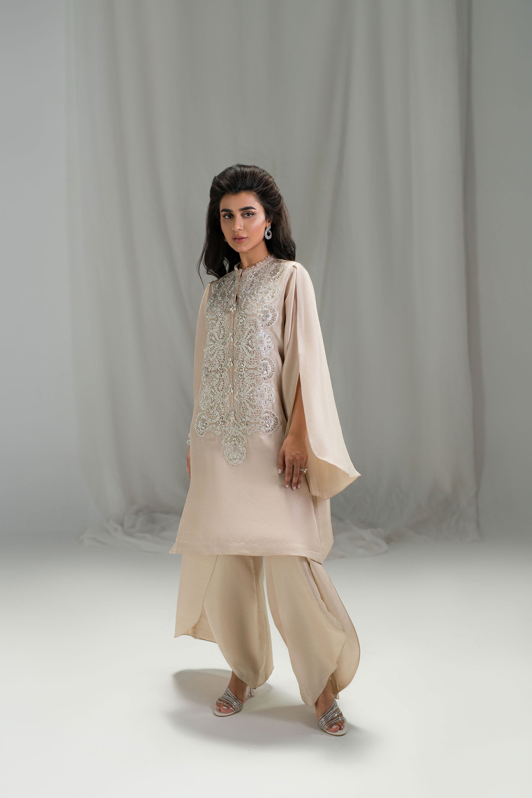 Nude Shell Pearl & Crystal Khaddi Net Salwar Kameez (3-Piece) - Image 2