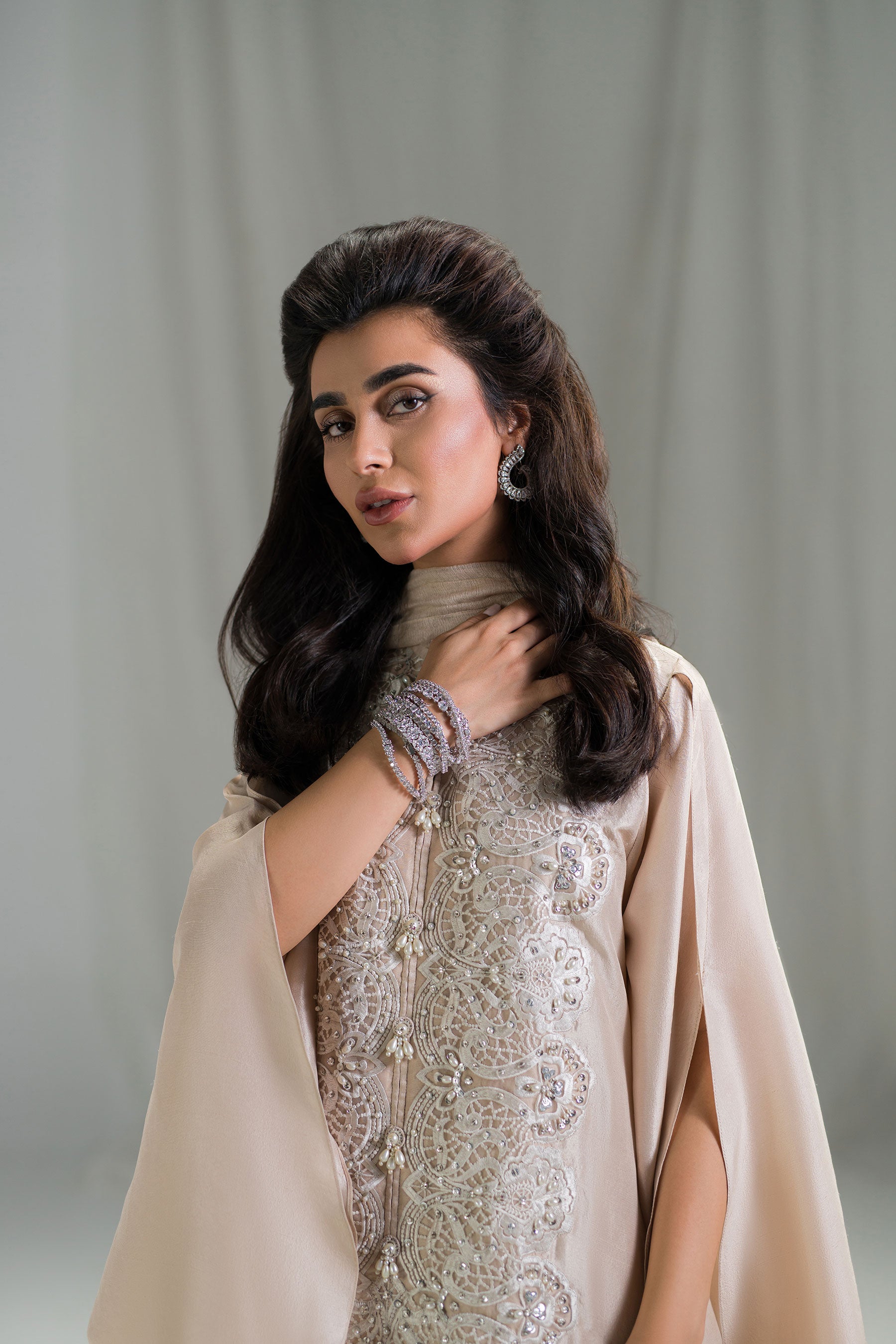 Nude Shell Pearl & Crystal Khaddi Net Salwar Kameez (3-Piece) - Image 3