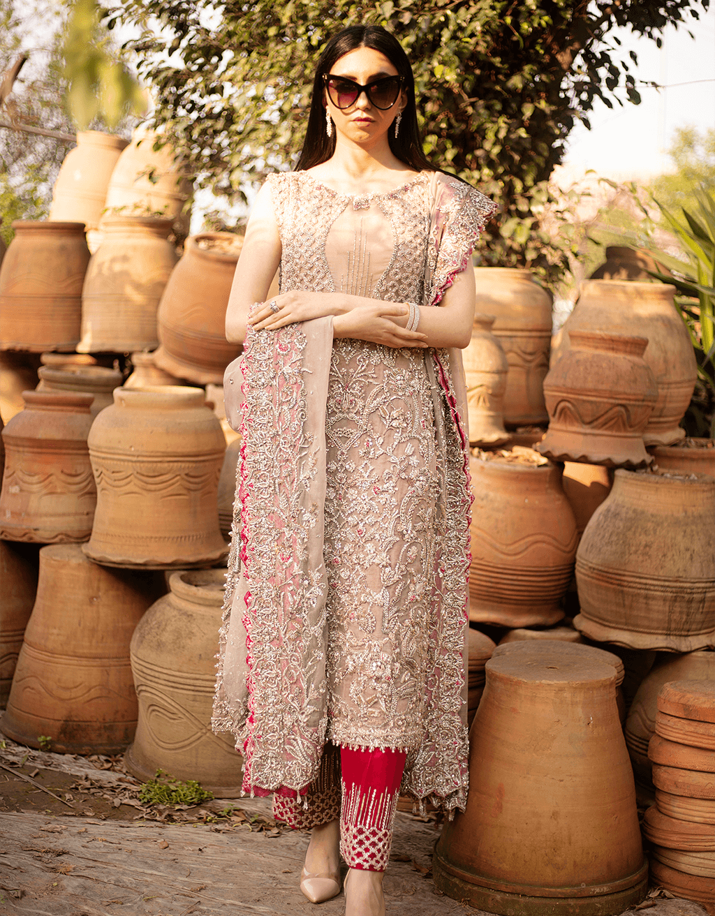 Nude & Pink Embellished Net Silk Salwar Kameez (3-Piece) - Image 1