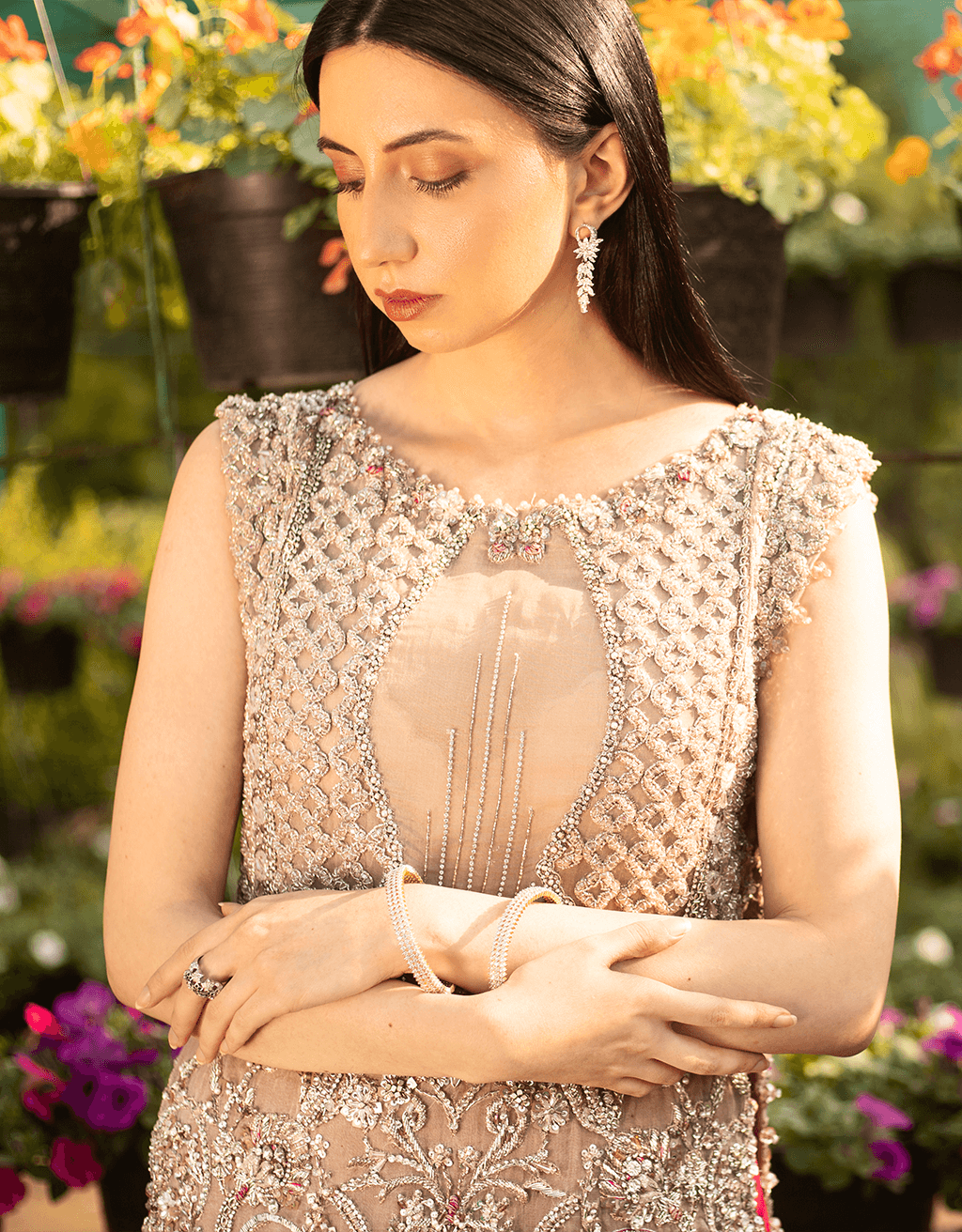 Nude & Pink Embellished Net Silk Salwar Kameez (3-Piece) - Image 2