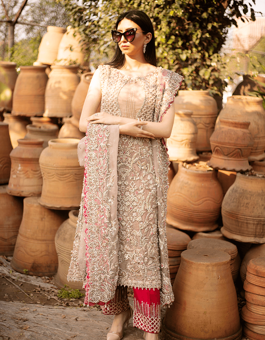 Nude & Pink Embellished Net Silk Salwar Kameez (3-Piece) - Image 3