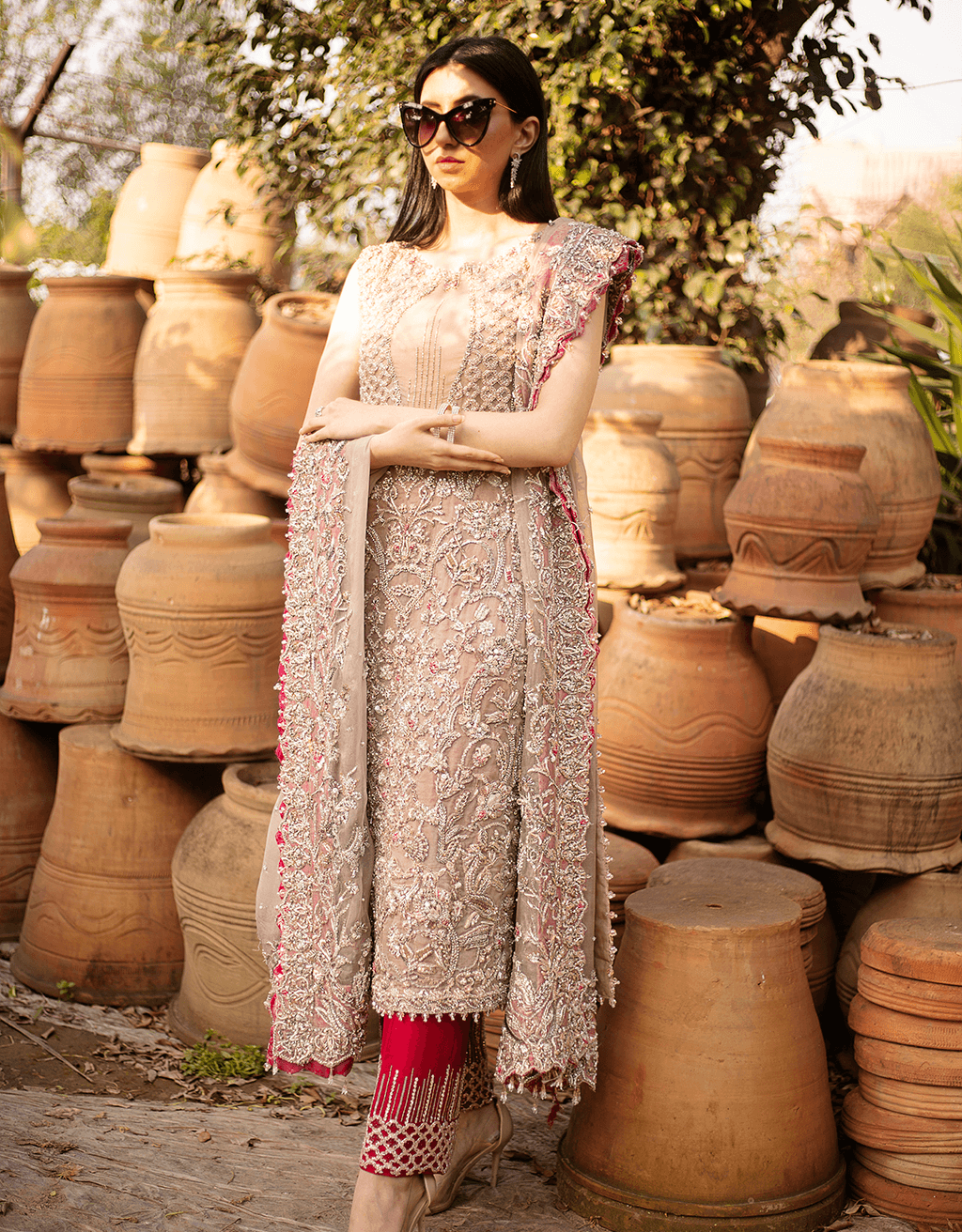 Nude & Pink Embellished Net Silk Salwar Kameez (3-Piece) - Image 4