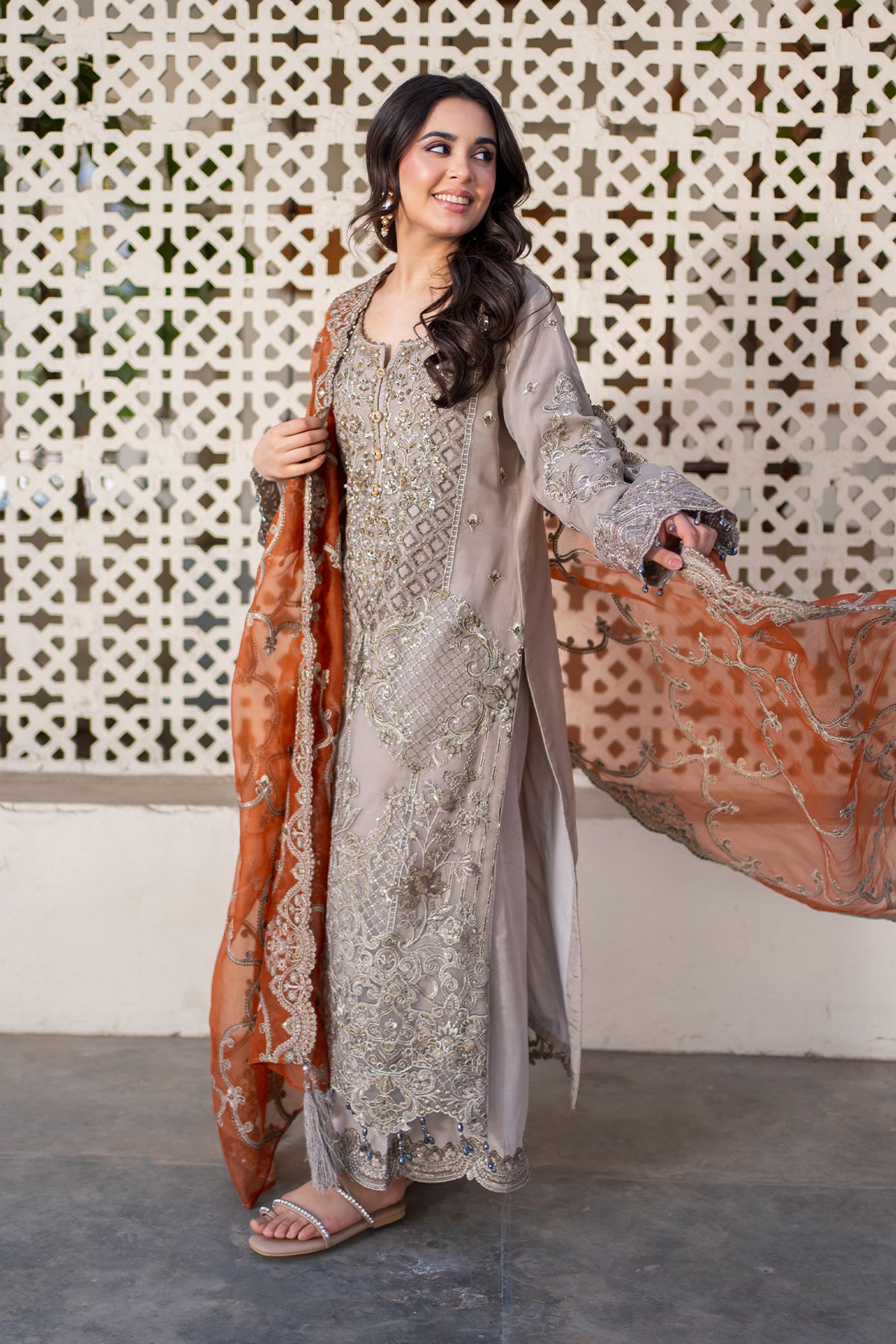 Pakistani Skin Embroidered Organza Salwar Kameez (3-Piece) - Image 1