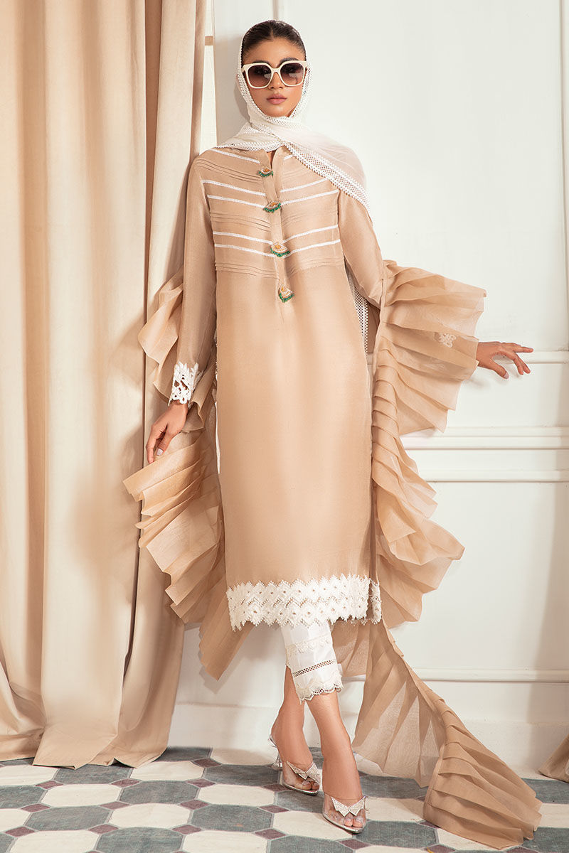 Pakistani Nude 3D Embroidered Raw Silk Kurta Set (3-Piece) - Image 1