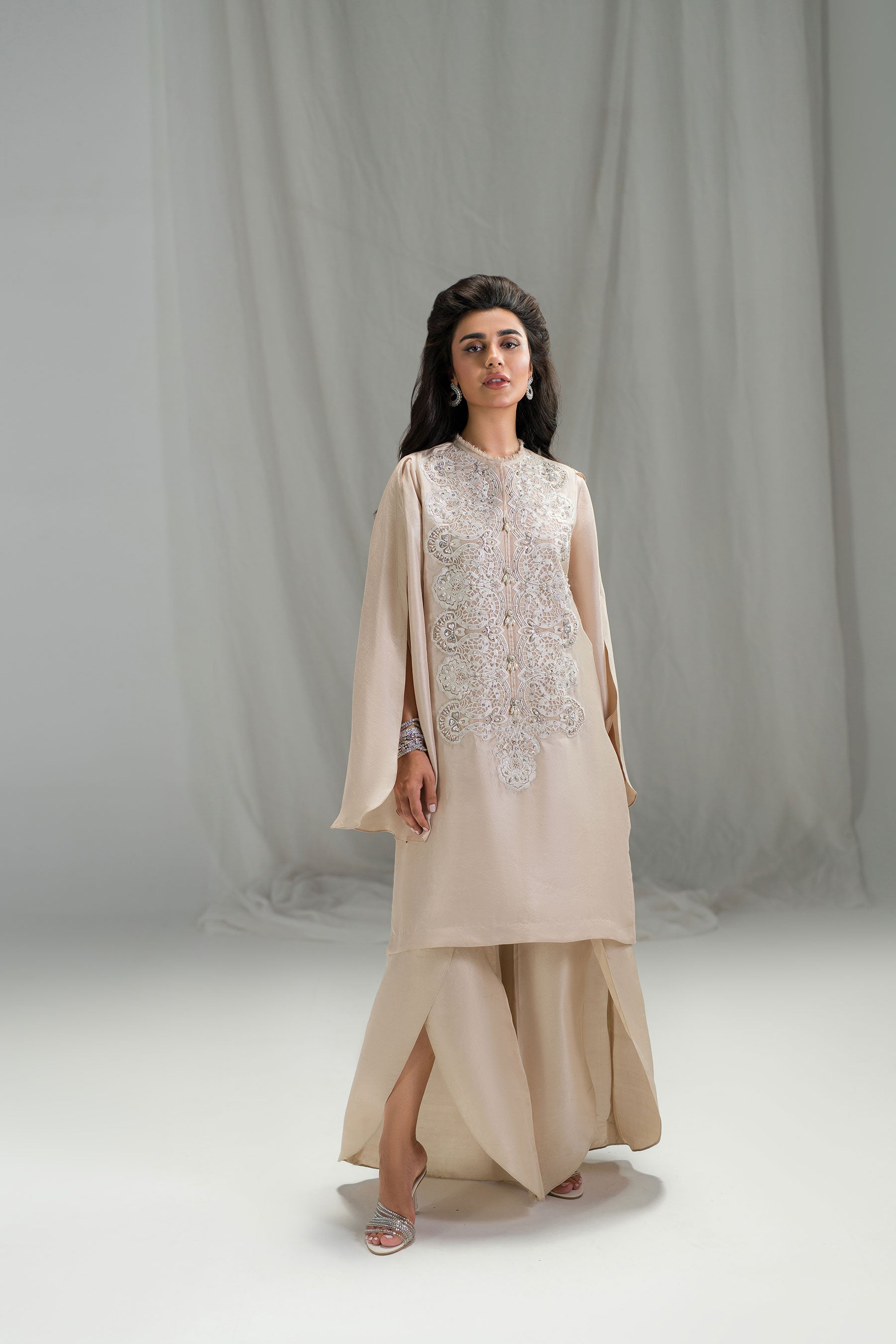 Nude Shell Embellished Pure Raw Silk Salwar Kameez (3-Piece) - Image 1