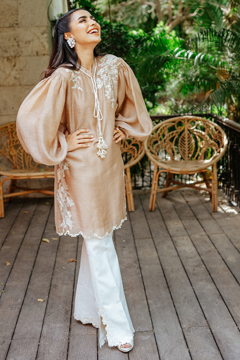 Nude Embroidered Rawsilk Kurta Set (2-Piece) - Image 1