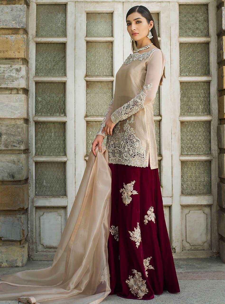 Pakistani Nude Lamè Embroidered Sharara Set (3-Piece) - Image 2