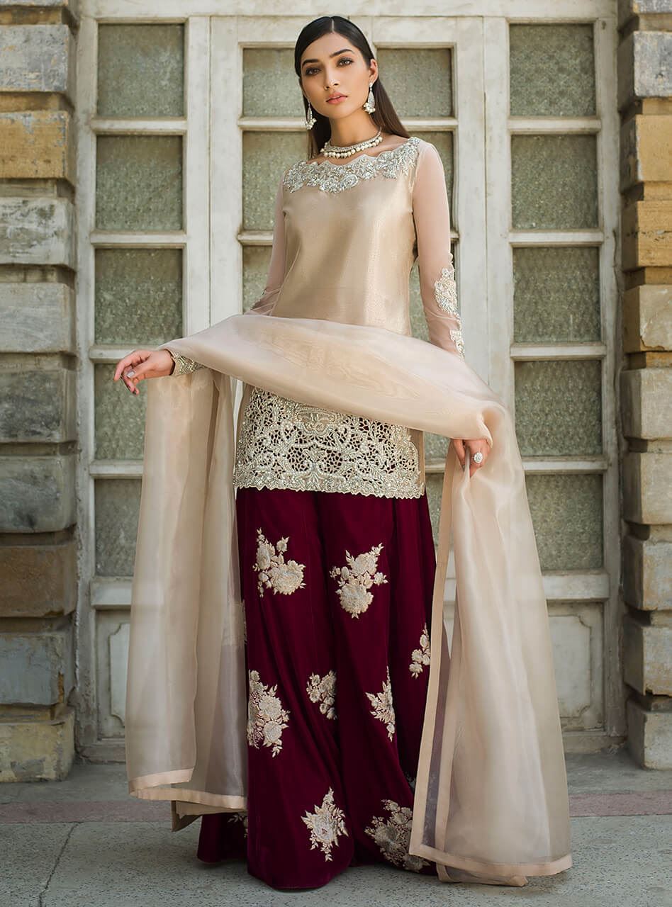 Nude Lamè Embroidered Sharara Set (3-Piece) - Image 3