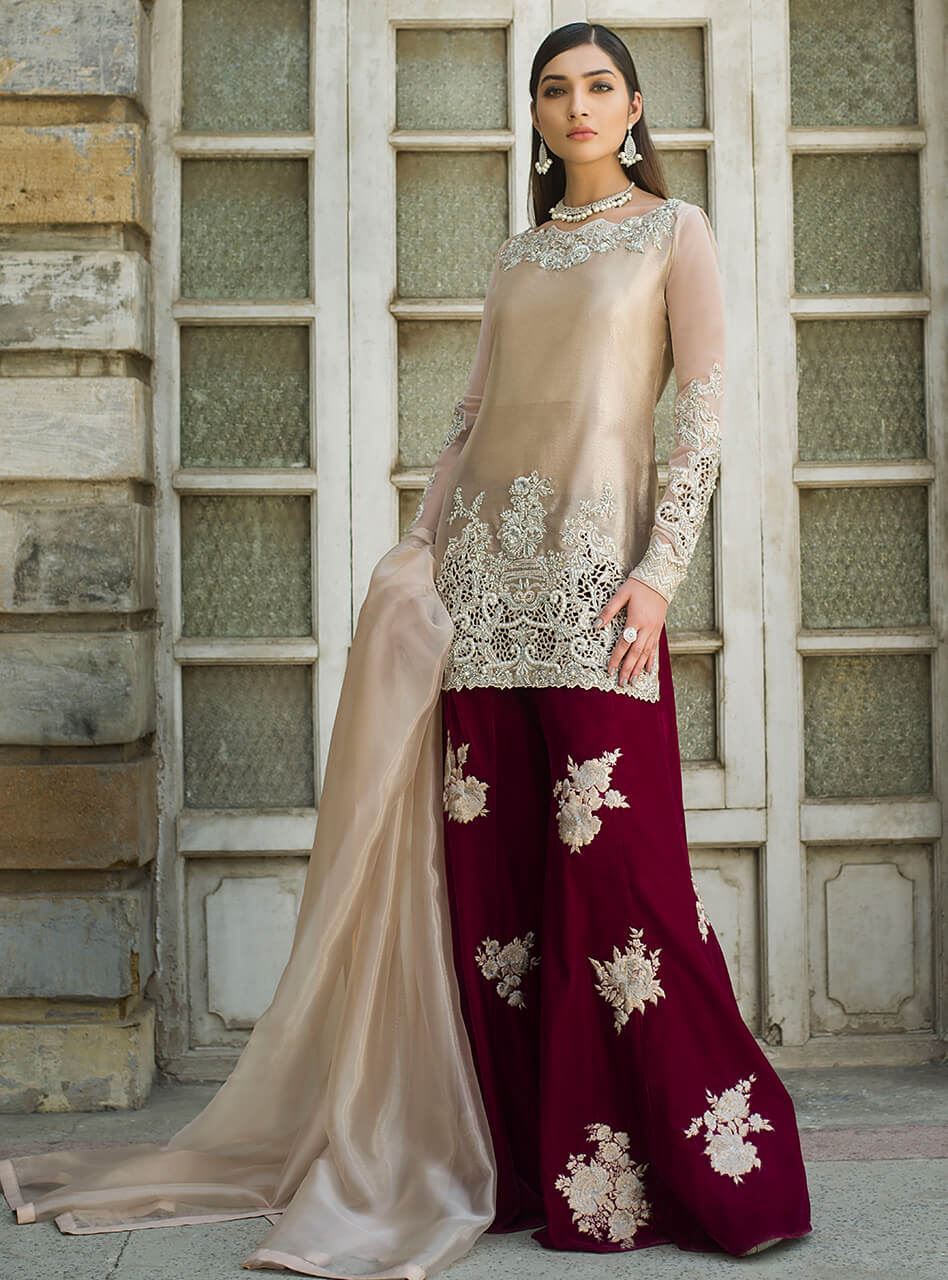 Nude Lamè Embroidered Sharara Set (3-Piece) - Image 4