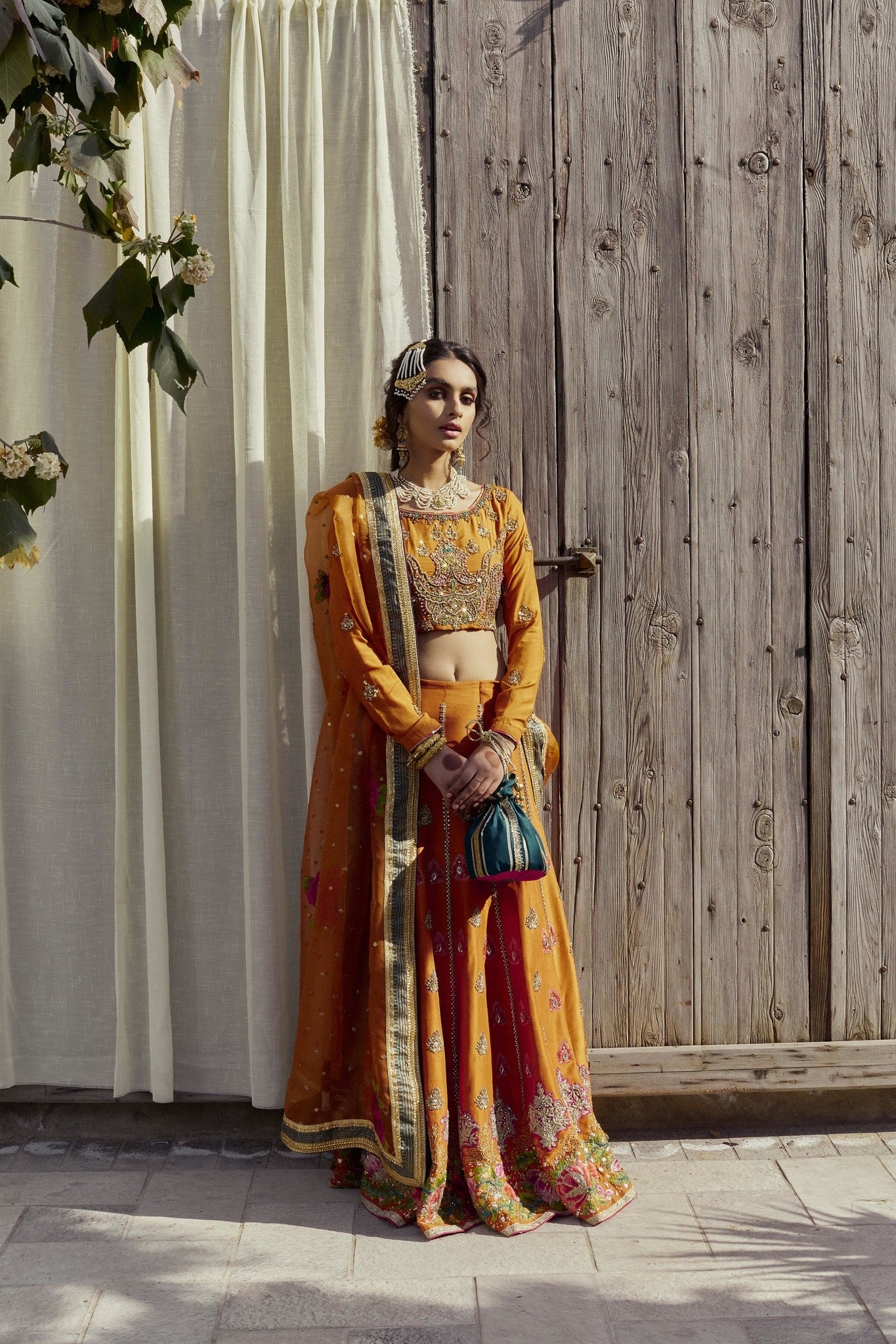 Pakistani Burnt Ochre Embellished Silk Lehenga Choli (3-Piece) - Image 2
