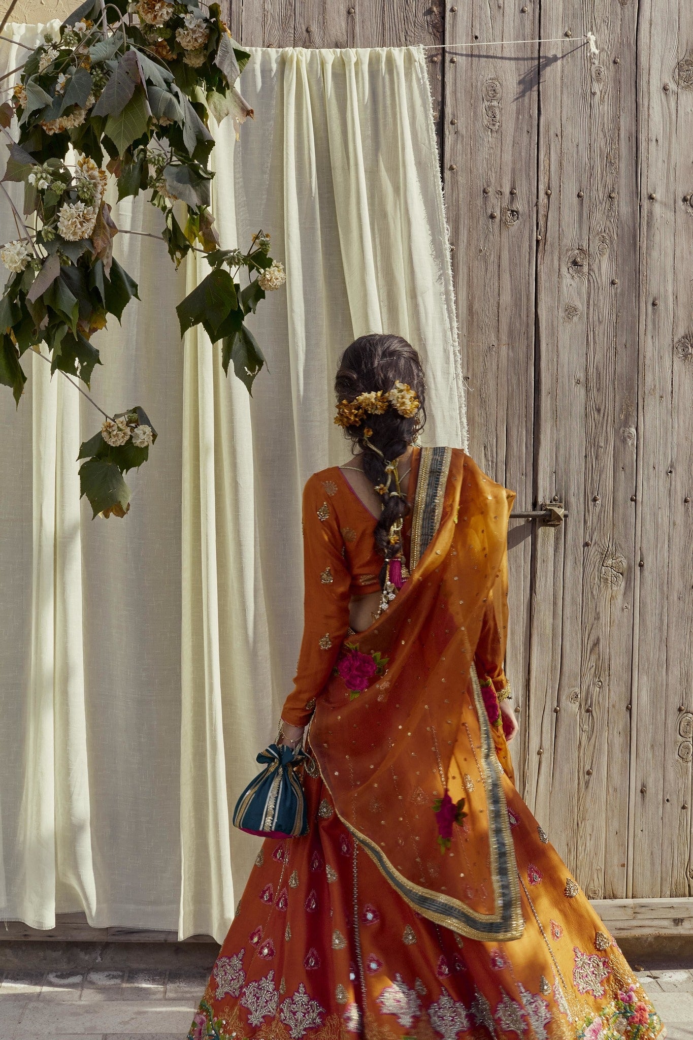 Pakistani Burnt Ochre Embellished Silk Lehenga Choli (3-Piece) - Image 3