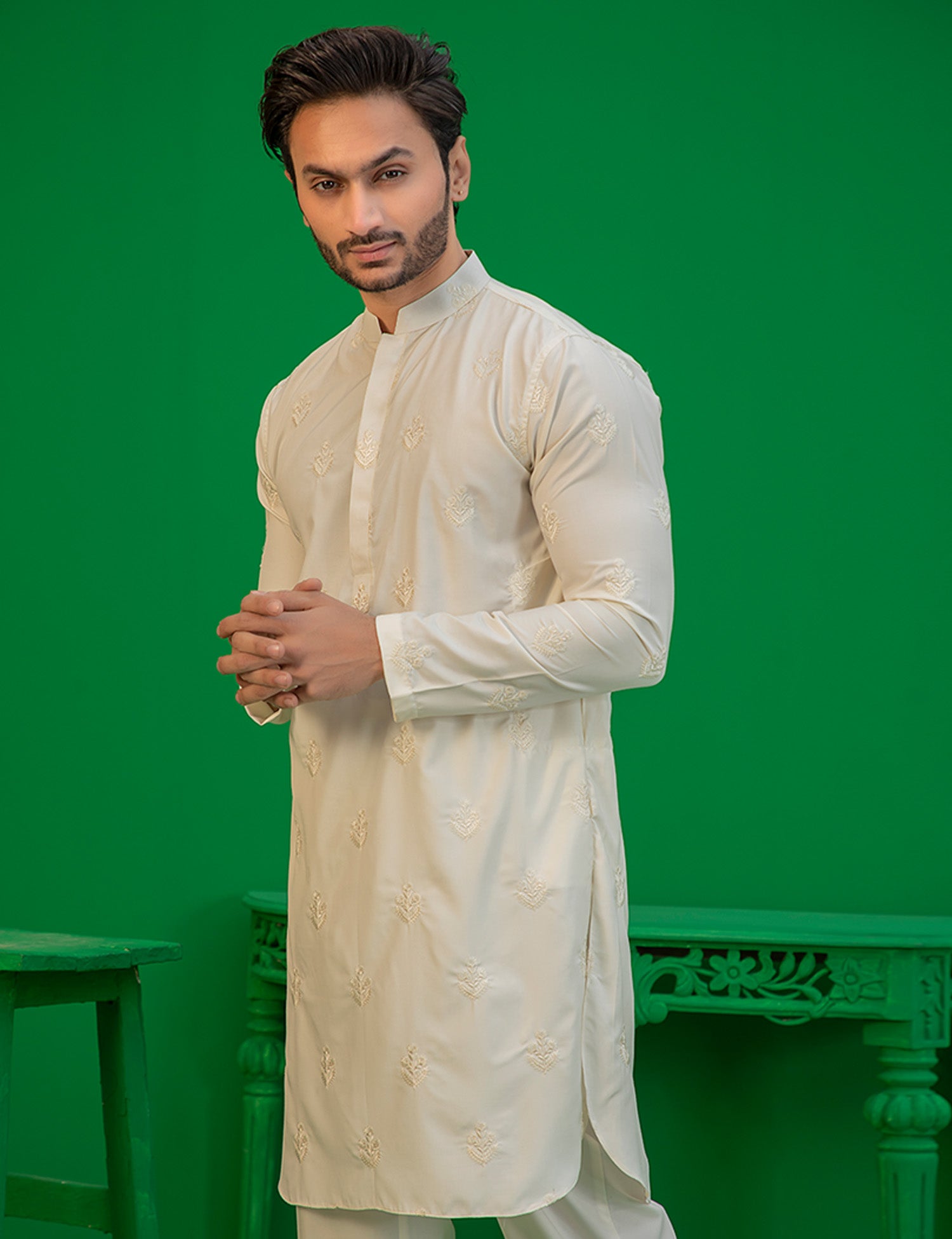 Off-White Embroidered Wash N Wear Kurta (2-Piece) - Image 4