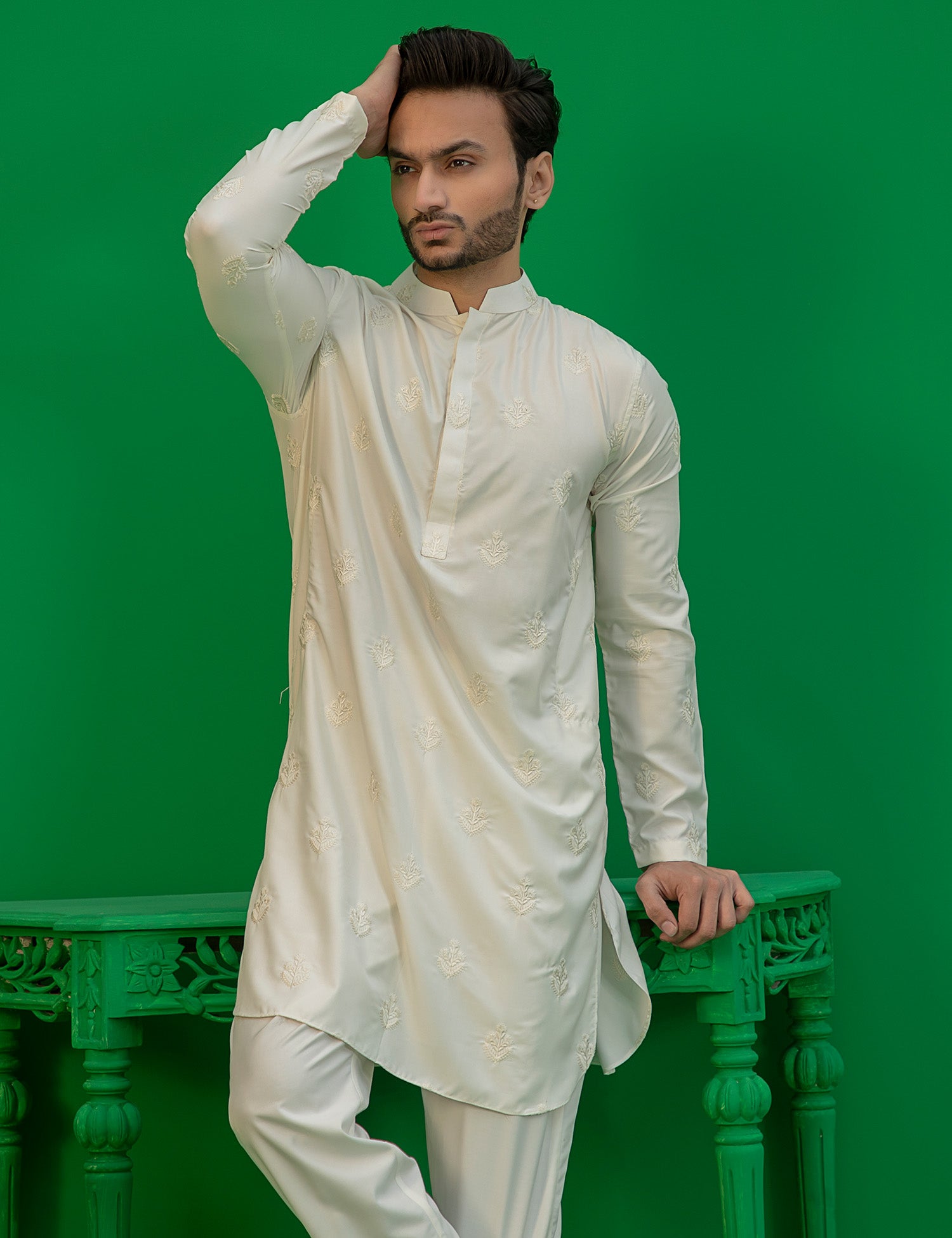 Off-White Embroidered Wash N Wear Kurta (2-Piece) - Image 6