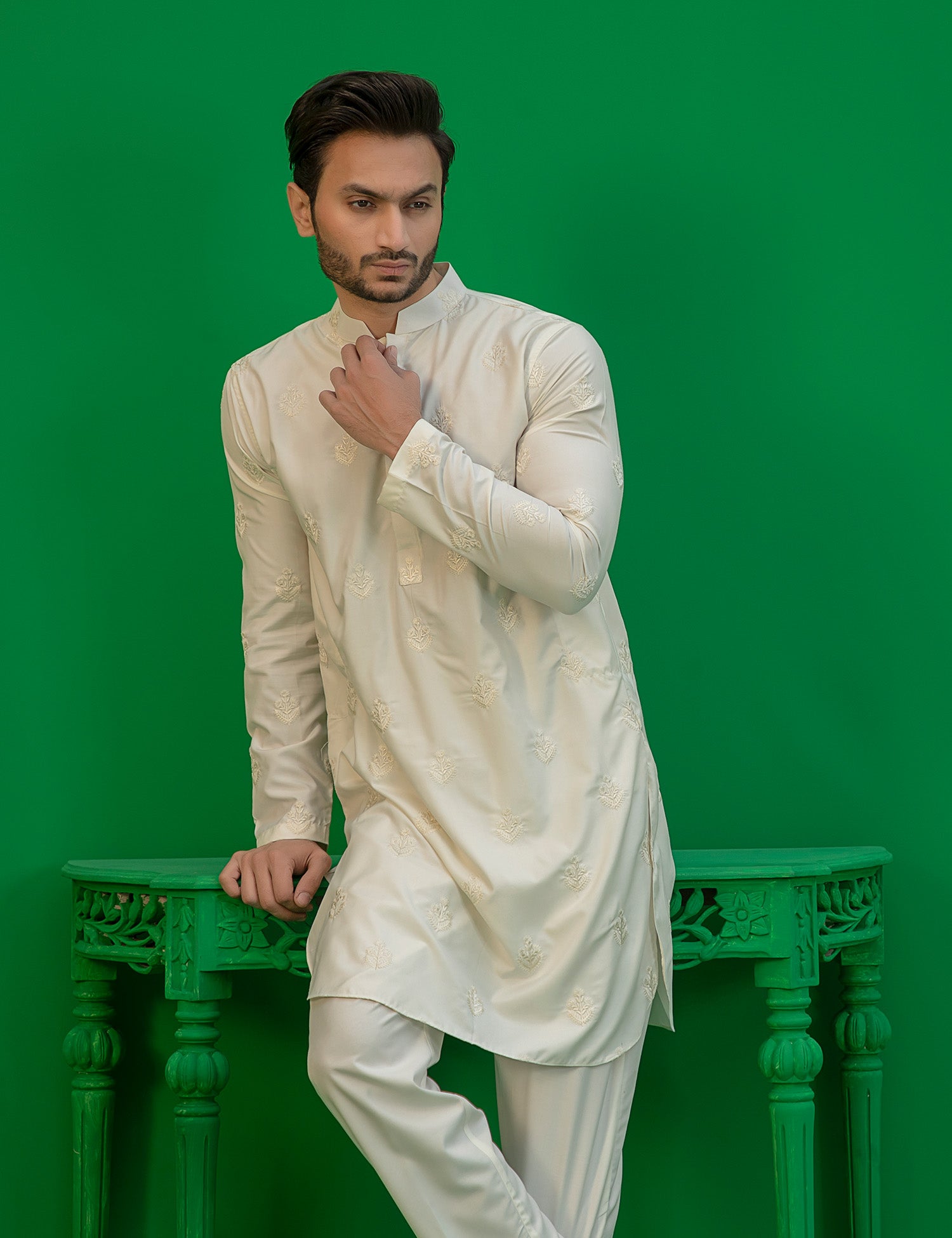 Off-White Embroidered Wash N Wear Kurta (2-Piece) - Image 7