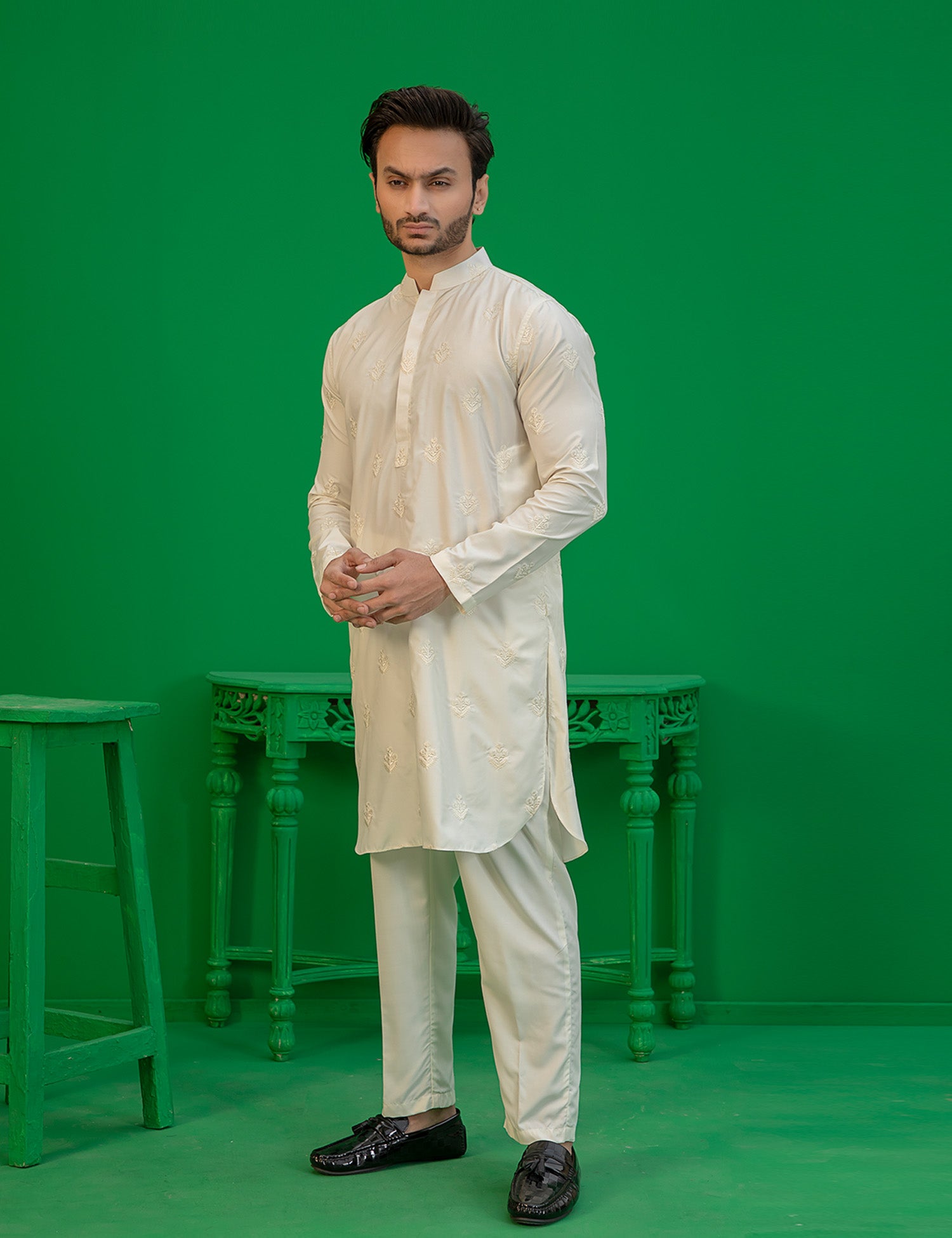 Off-White Embroidered Wash N Wear Kurta (2-Piece) - Image 8