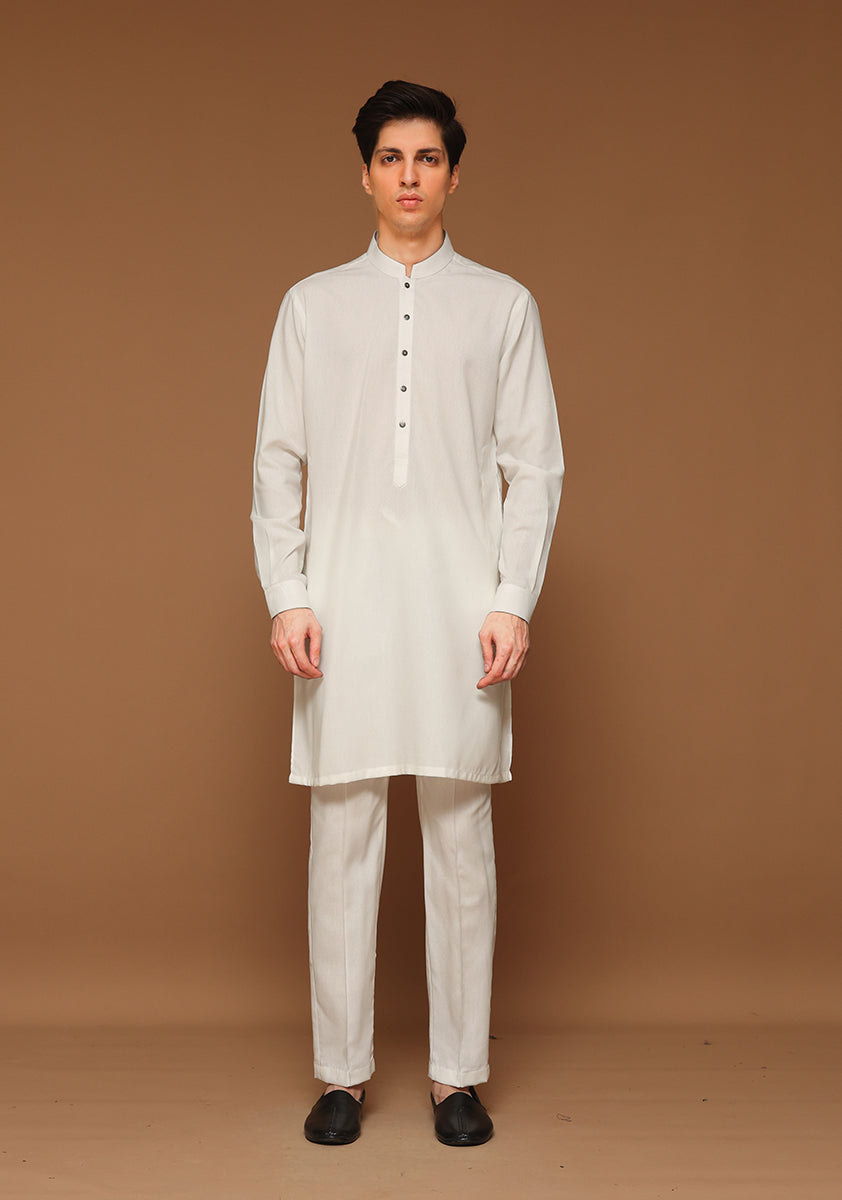 Cloud Dancer Tonal Stitched Ayuthia Blend Kurta Pajama (2-Piece) - Image 2