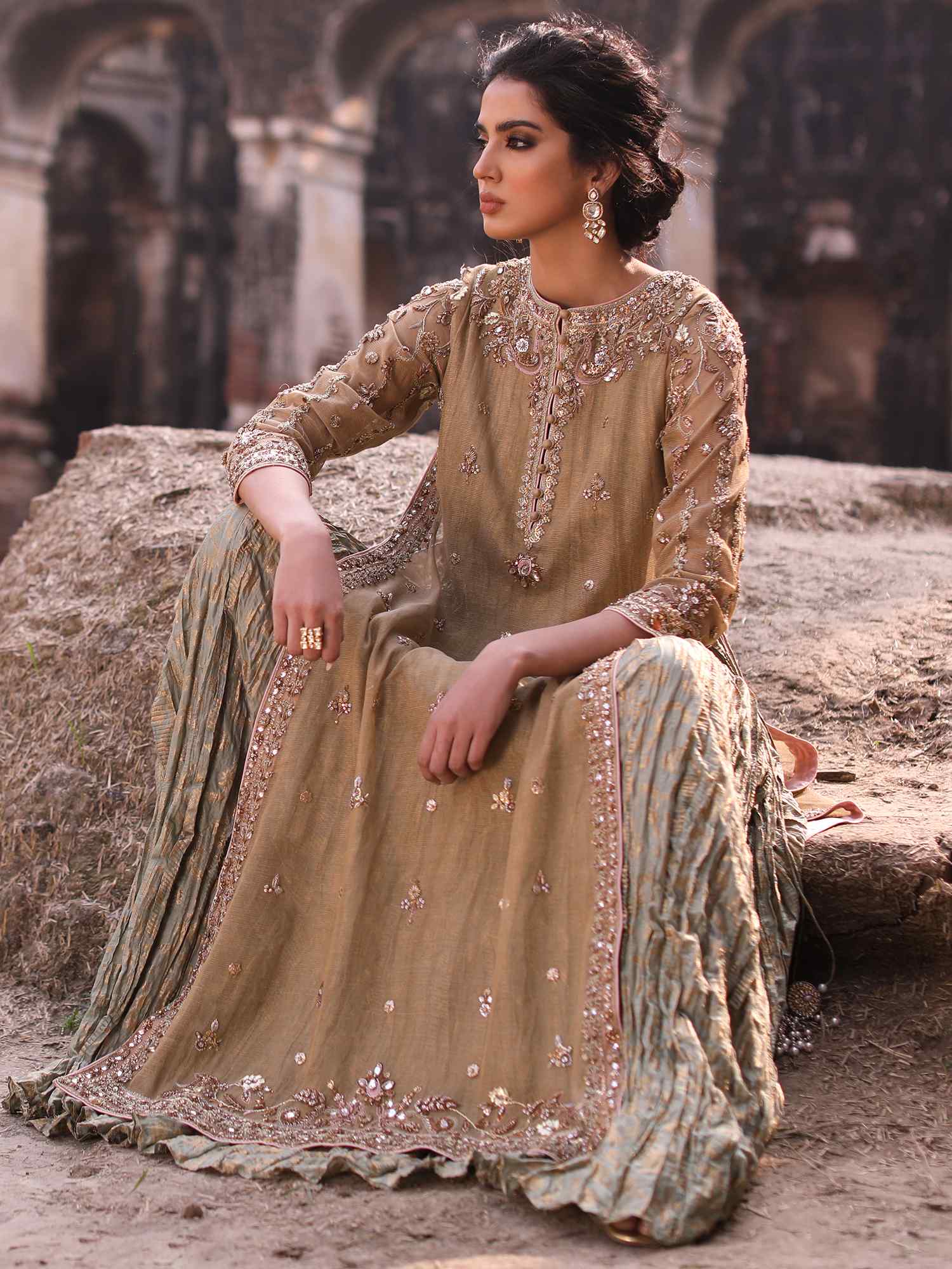 Olive Zardozi Spun Net Brocade Anarkali (1-Pc) - Image 1