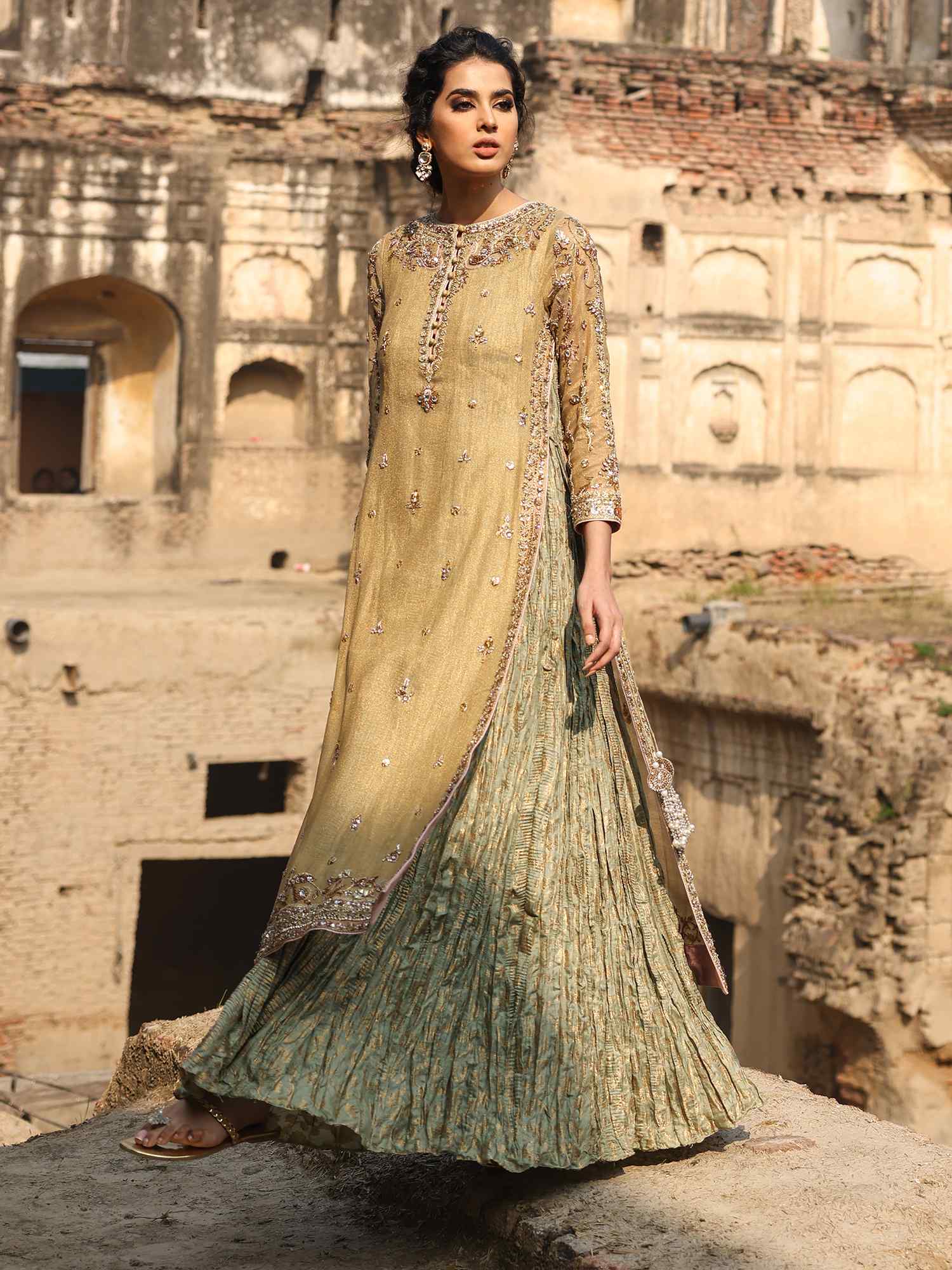 Olive Zardozi Spun Net Brocade Anarkali (1-Pc) - Image 2