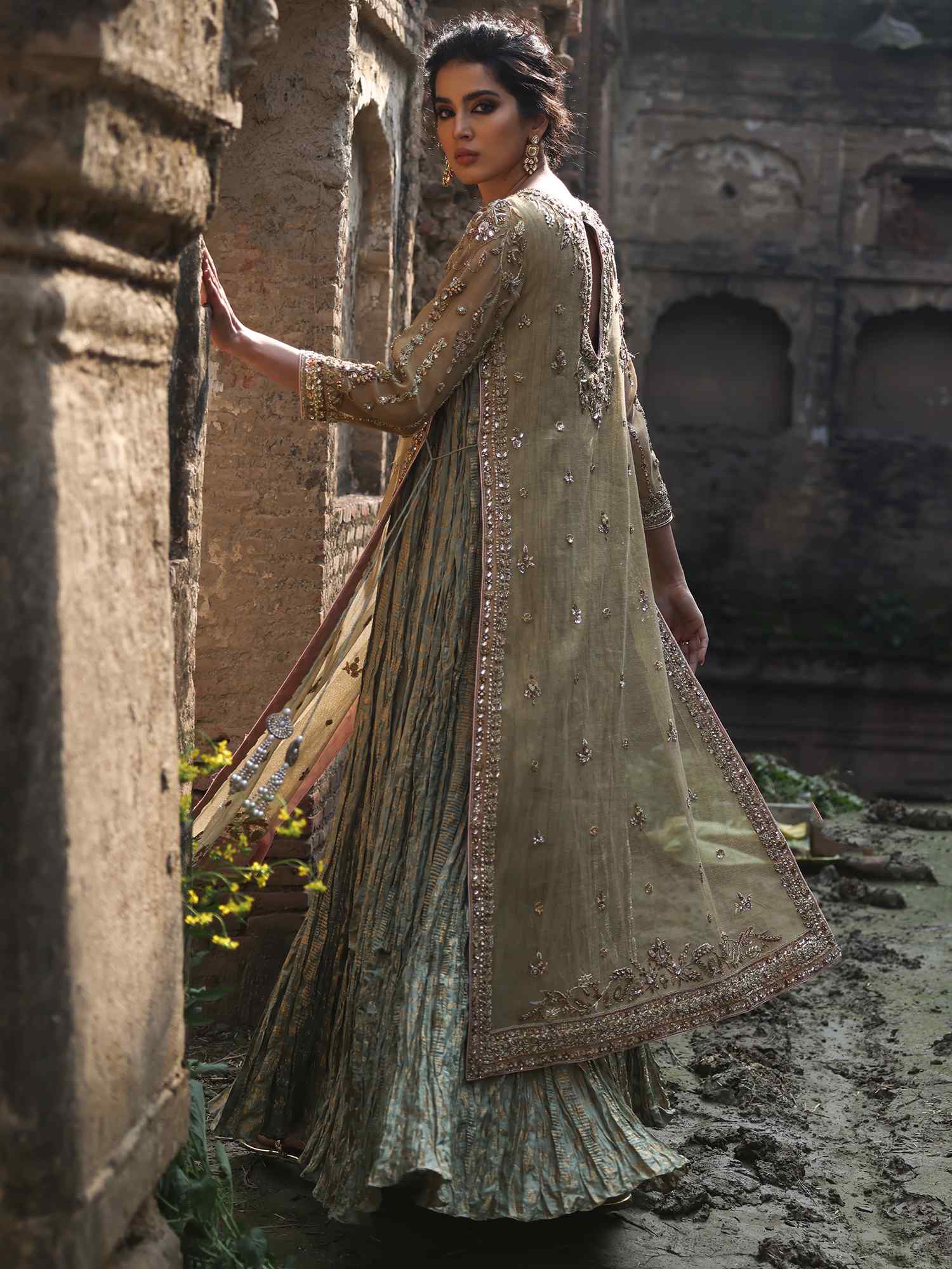 Olive Zardozi Spun Net Brocade Anarkali (1-Pc) - Image 3