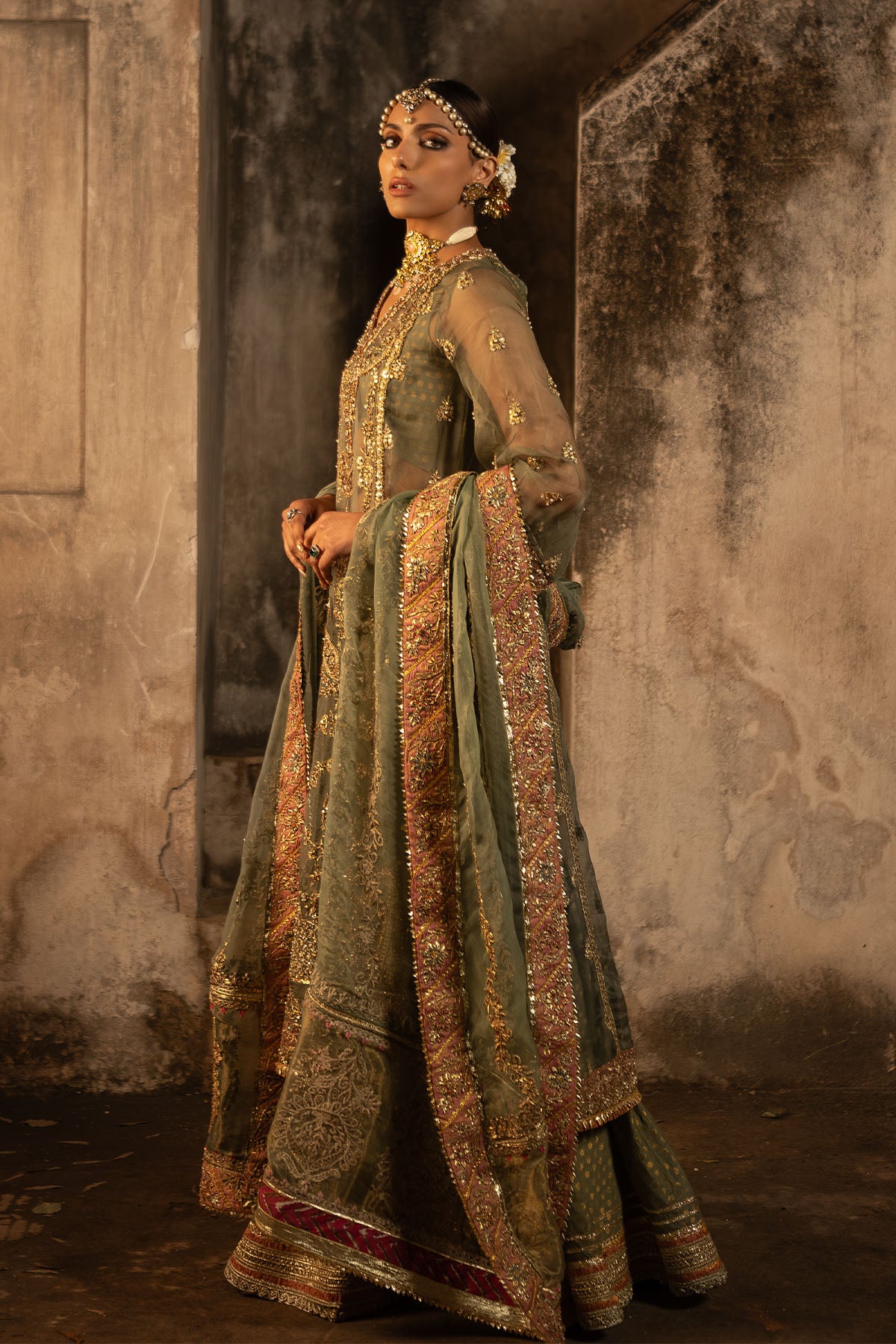 Olive Green Embroidered Cotton Net Zarri Gharara (3-Piece) - Image 1