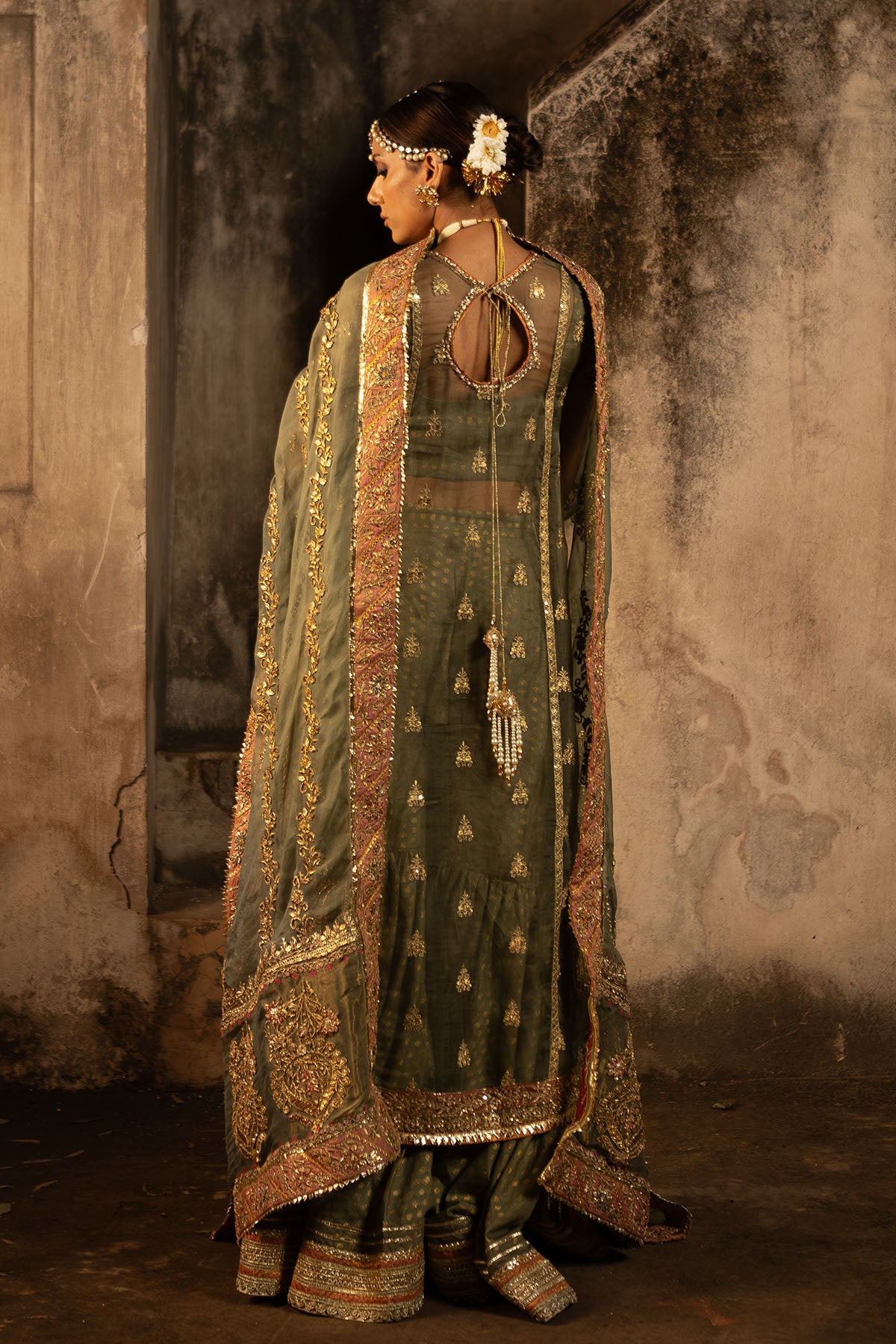 Olive Green Embroidered Cotton Net Zarri Gharara (3-Piece) - Image 2