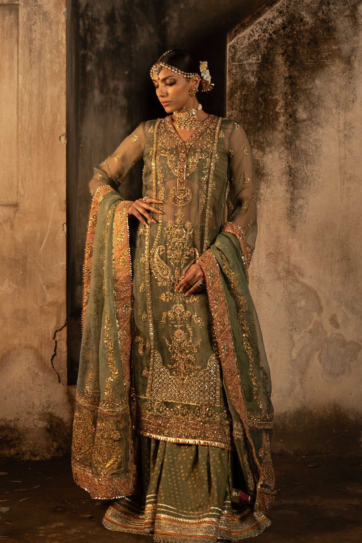 Olive Green Embroidered Cotton Net Zarri Gharara (3-Piece) - Image 3